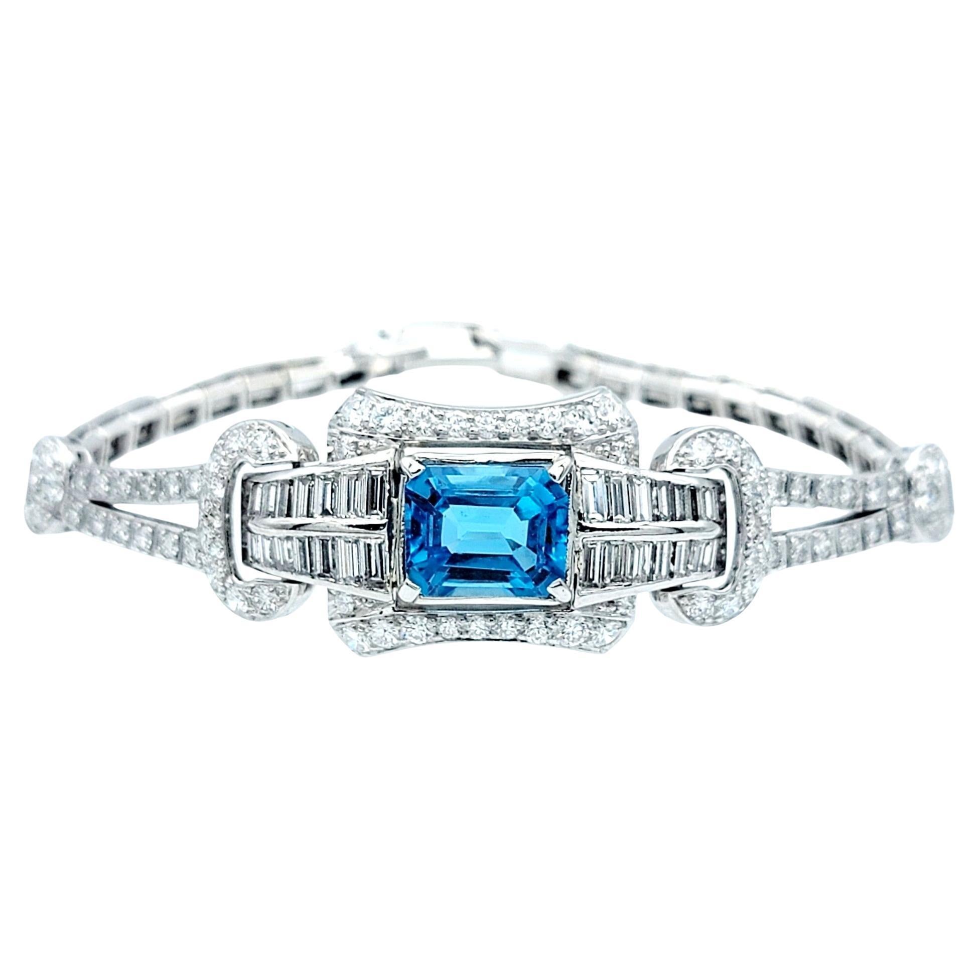 Vintage Art Deco Emerald Cut Blue Topaz and Diamond Bracelet in Platinum  For Sale