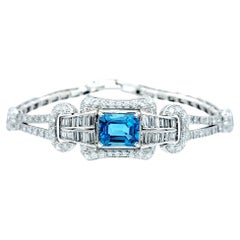 Armband aus Platin mit blauem Topas im Smaragdschliff und Diamanten im Art déco-Stil