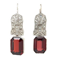 Retro Art Deco Emerald Cut Garnet and Diamond Gold Drop Earrings