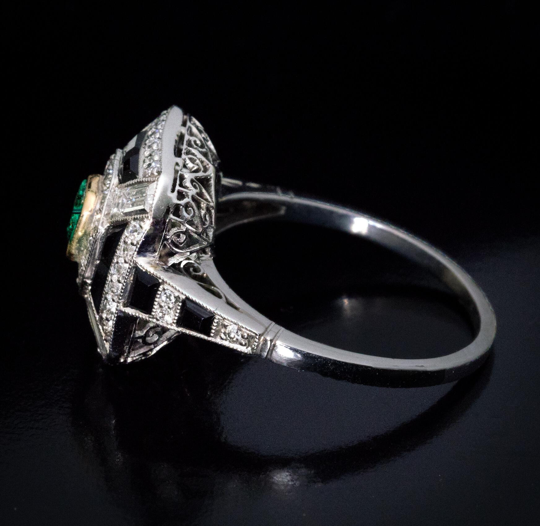 Baguette Cut Vintage Art Deco Emerald Diamond Onyx Ring