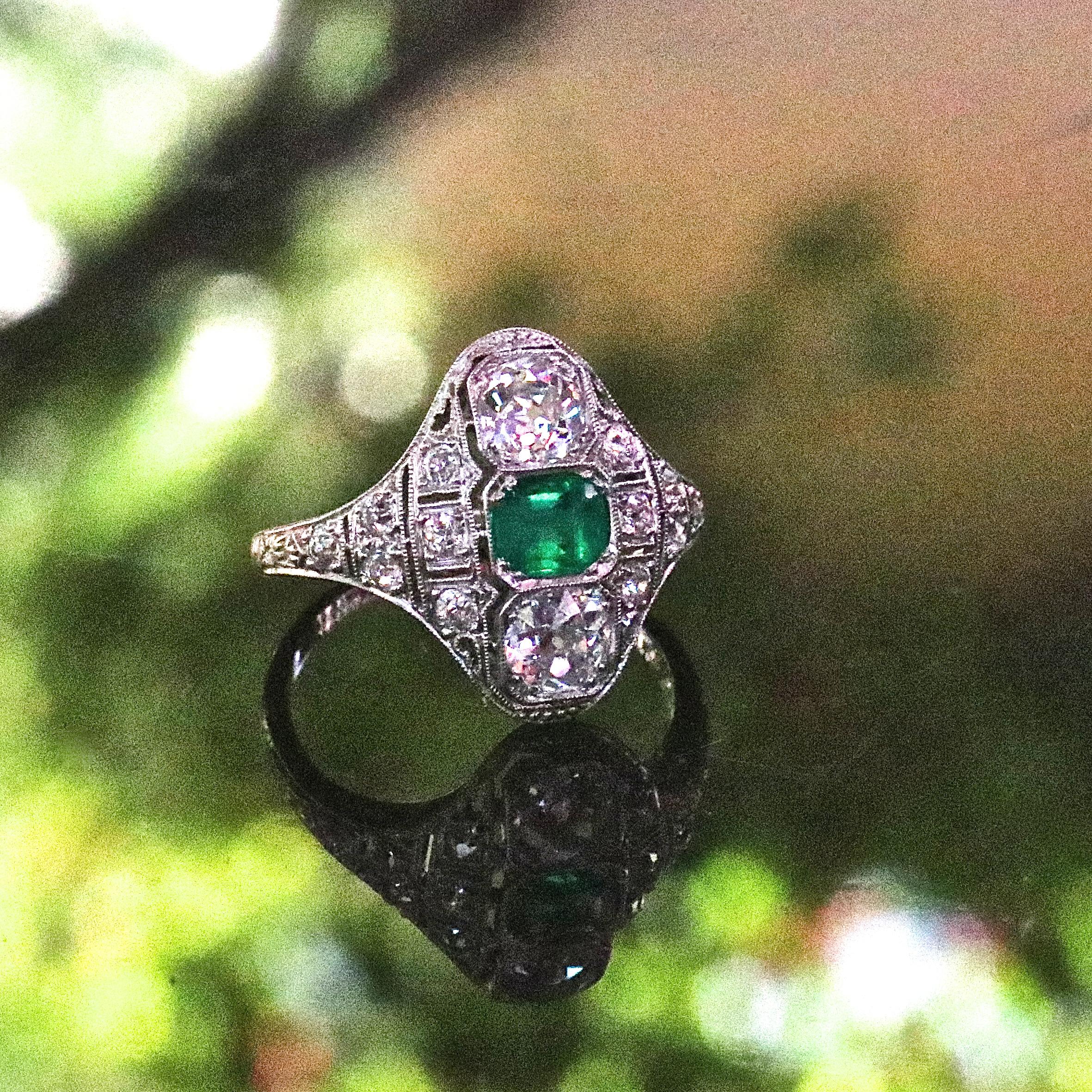 Emerald Cut Vintage Art Deco Emerald Diamond Platinum Ring