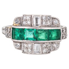 Vintage Art Deco Emerald Diamond Ring Platinum Estate Fine Jewelry