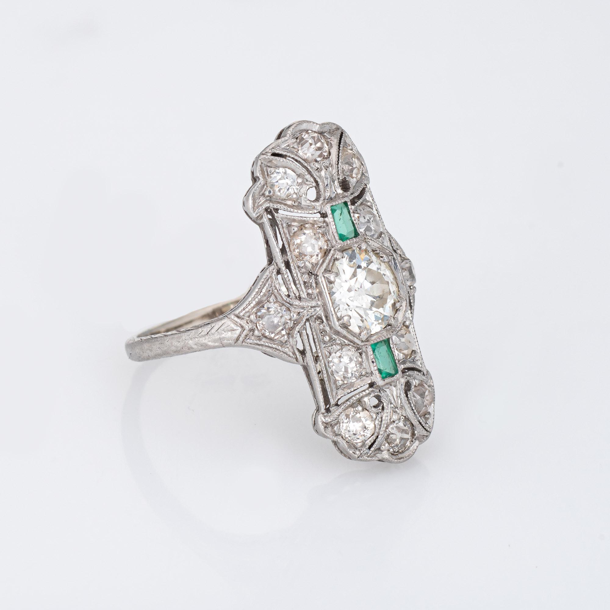 Old European Cut Vintage Art Deco Emerald Diamond Ring Platinum Elongated Plaque Band For Sale