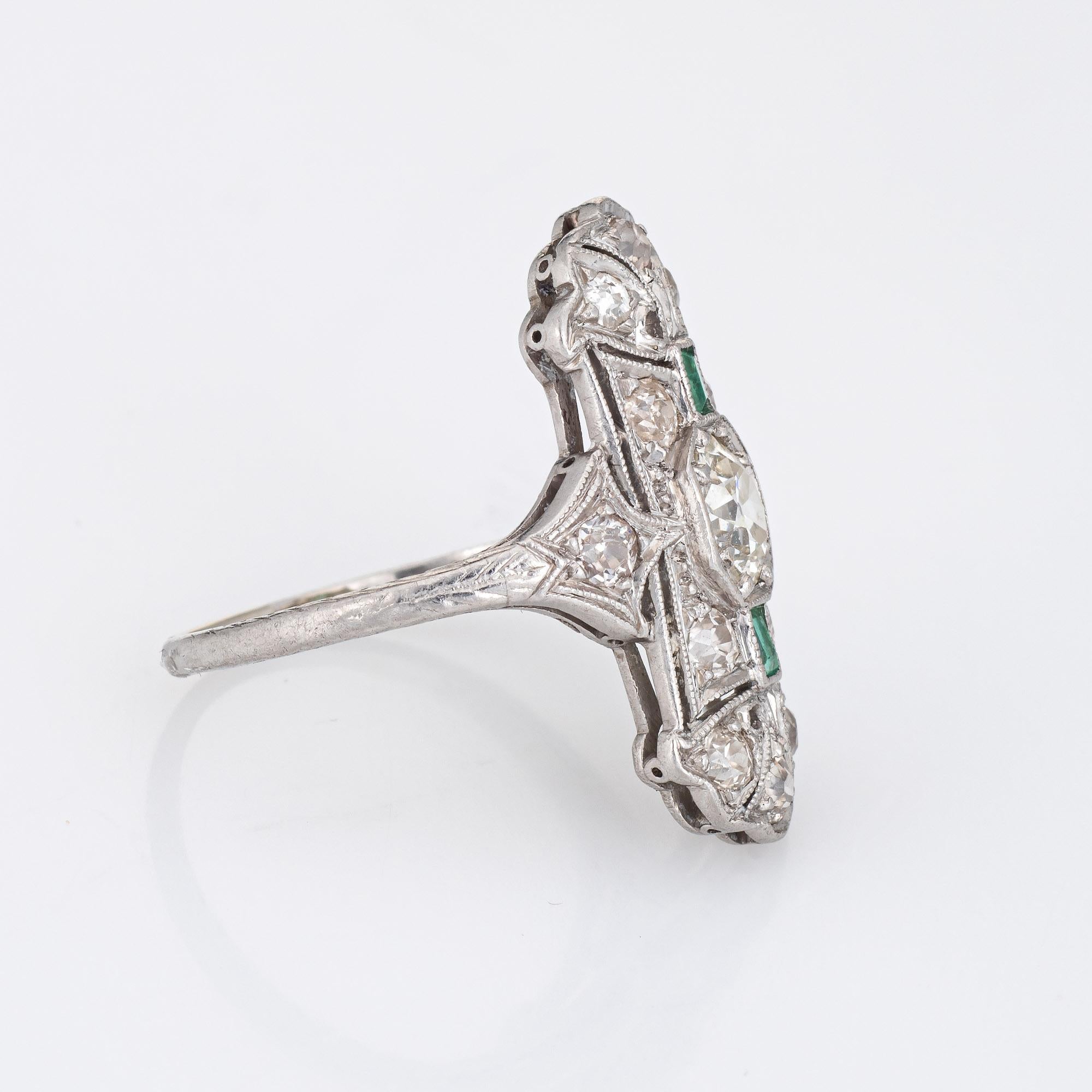 Women's Vintage Art Deco Emerald Diamond Ring Platinum Elongated Plaque Band For Sale