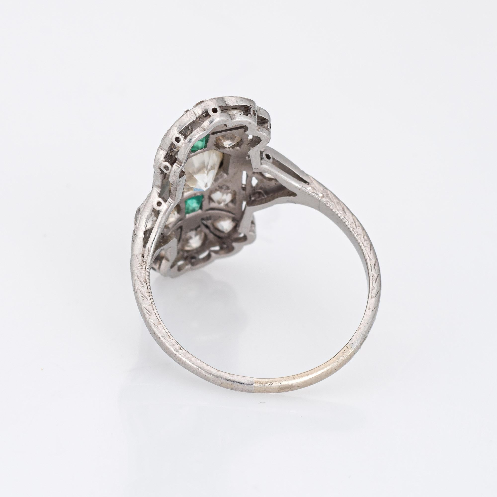 Vintage Art Deco Emerald Diamond Ring Platinum Elongated Plaque Band For Sale 1