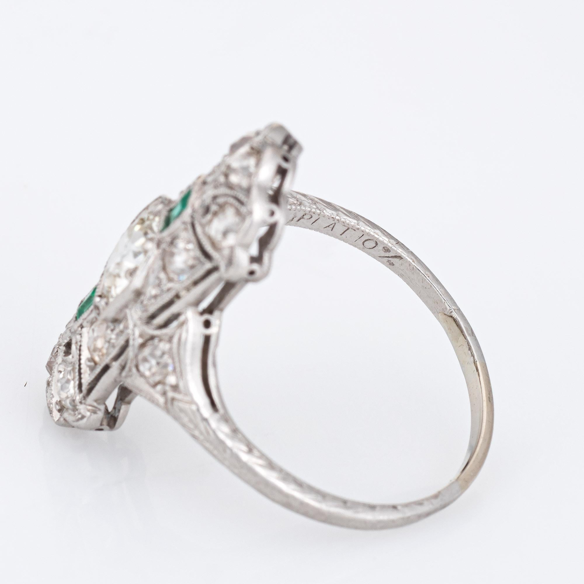 Vintage Art Deco Emerald Diamond Ring Platinum Elongated Plaque Band For Sale 3