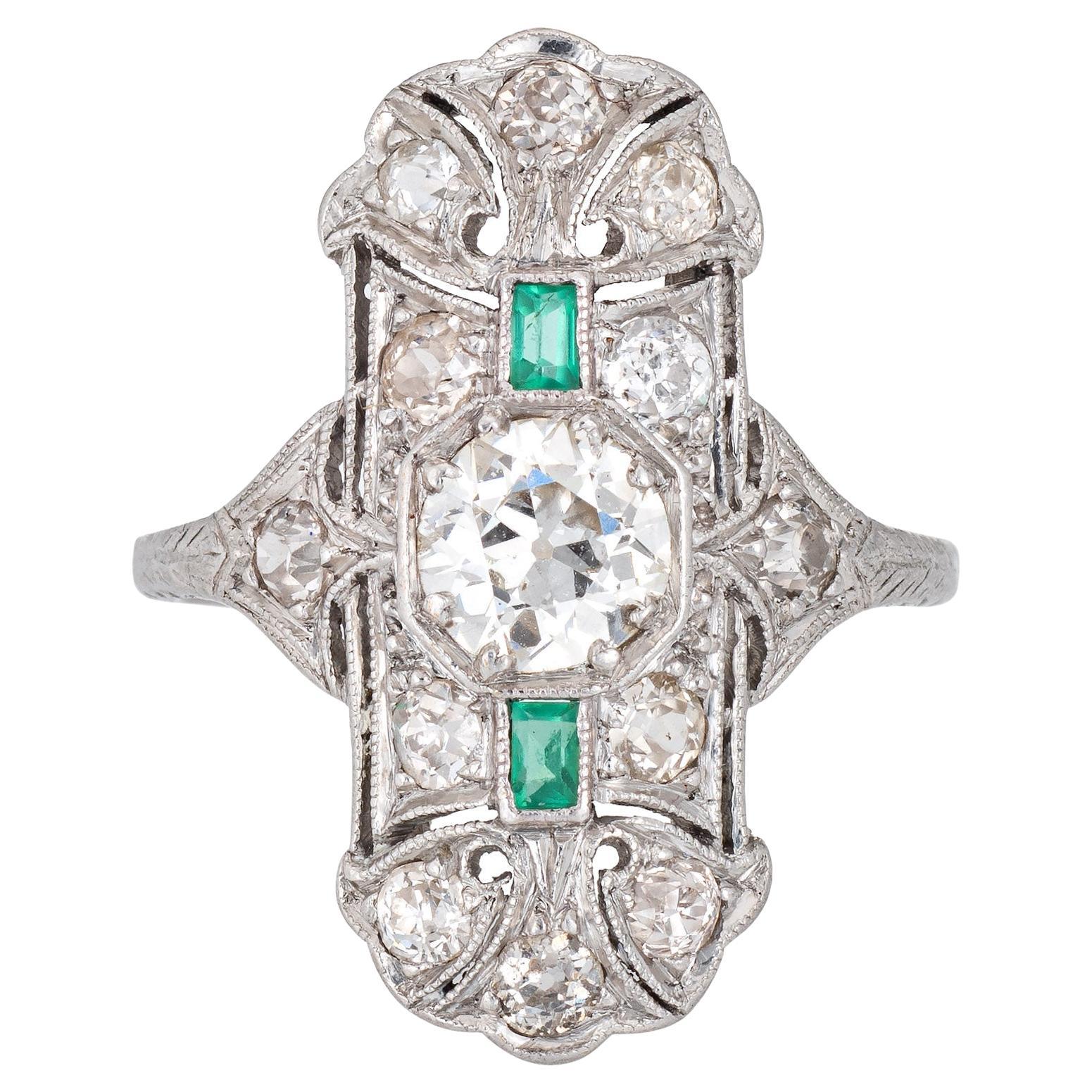 Vintage Art Deco Emerald Diamond Ring Platinum Elongated Plaque Band For Sale