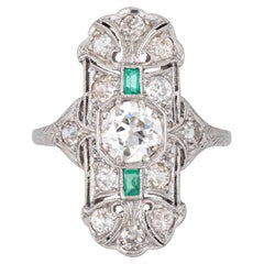Antique Art Deco Emerald Diamond Ring Platinum Elongated Plaque Band