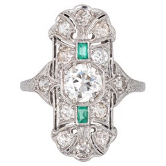 Anillo de diamantes esmeralda Art Déco vintage Anillo de platino con placa alargada