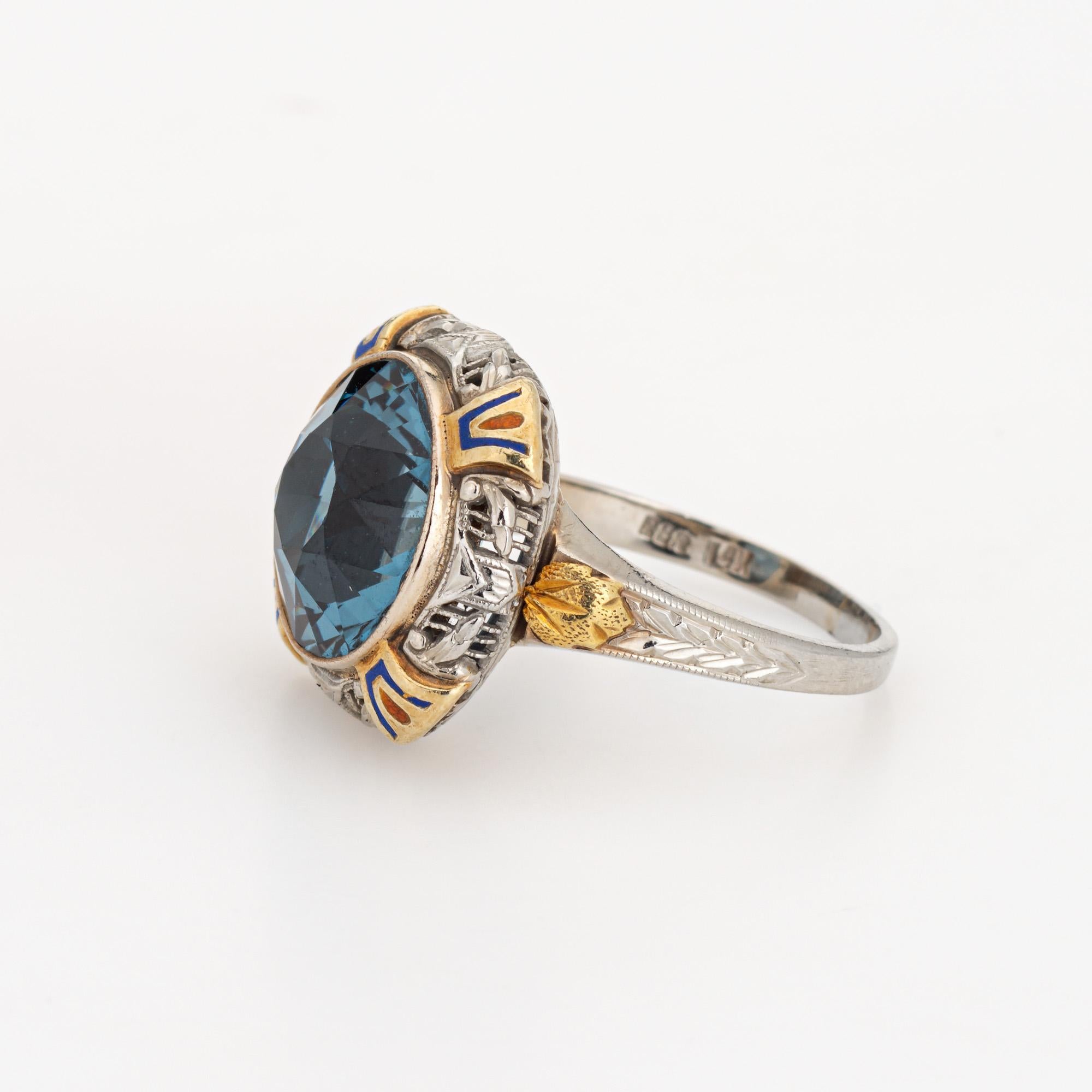 Women's Vintage Art Deco Enamel Cocktail Ring 14k Gold Filigree Jewelry Blue Stone  For Sale
