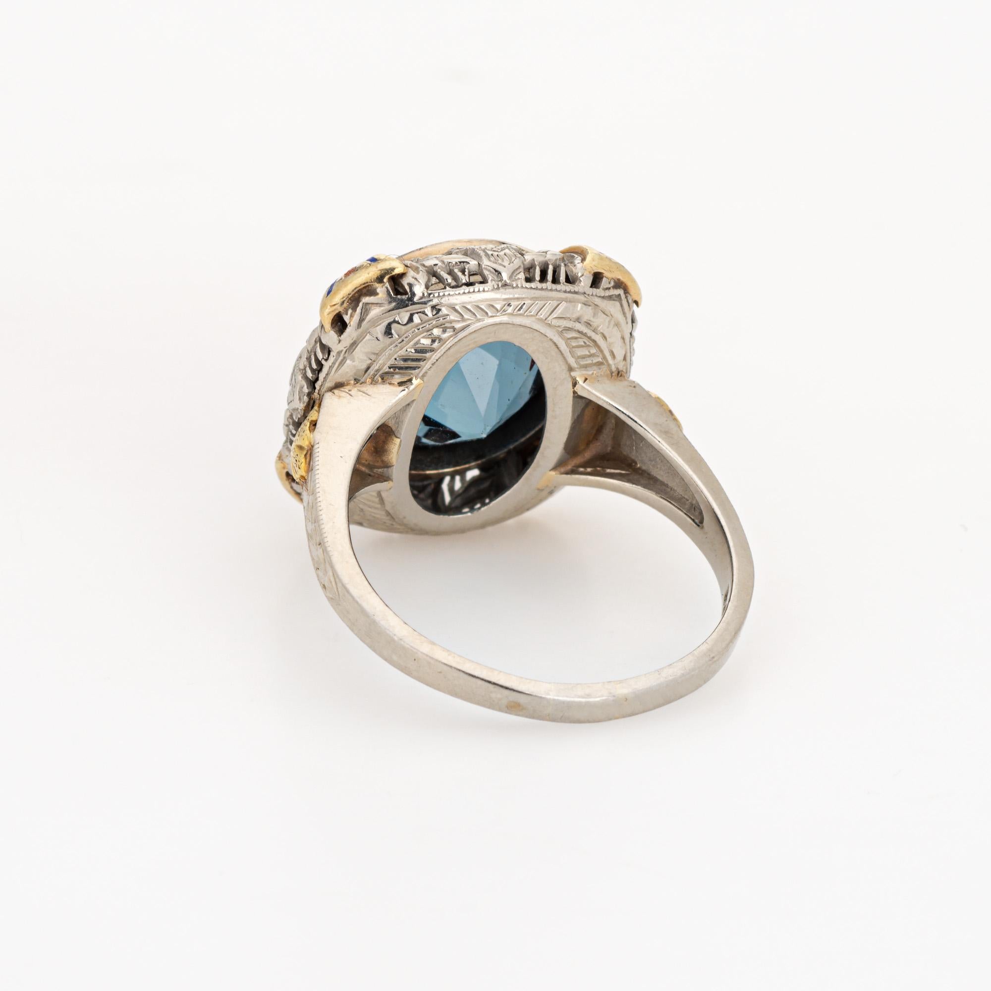 Vintage Art Deco Enamel Cocktail Ring 14k Gold Filigree Jewelry Blue Stone  For Sale 1