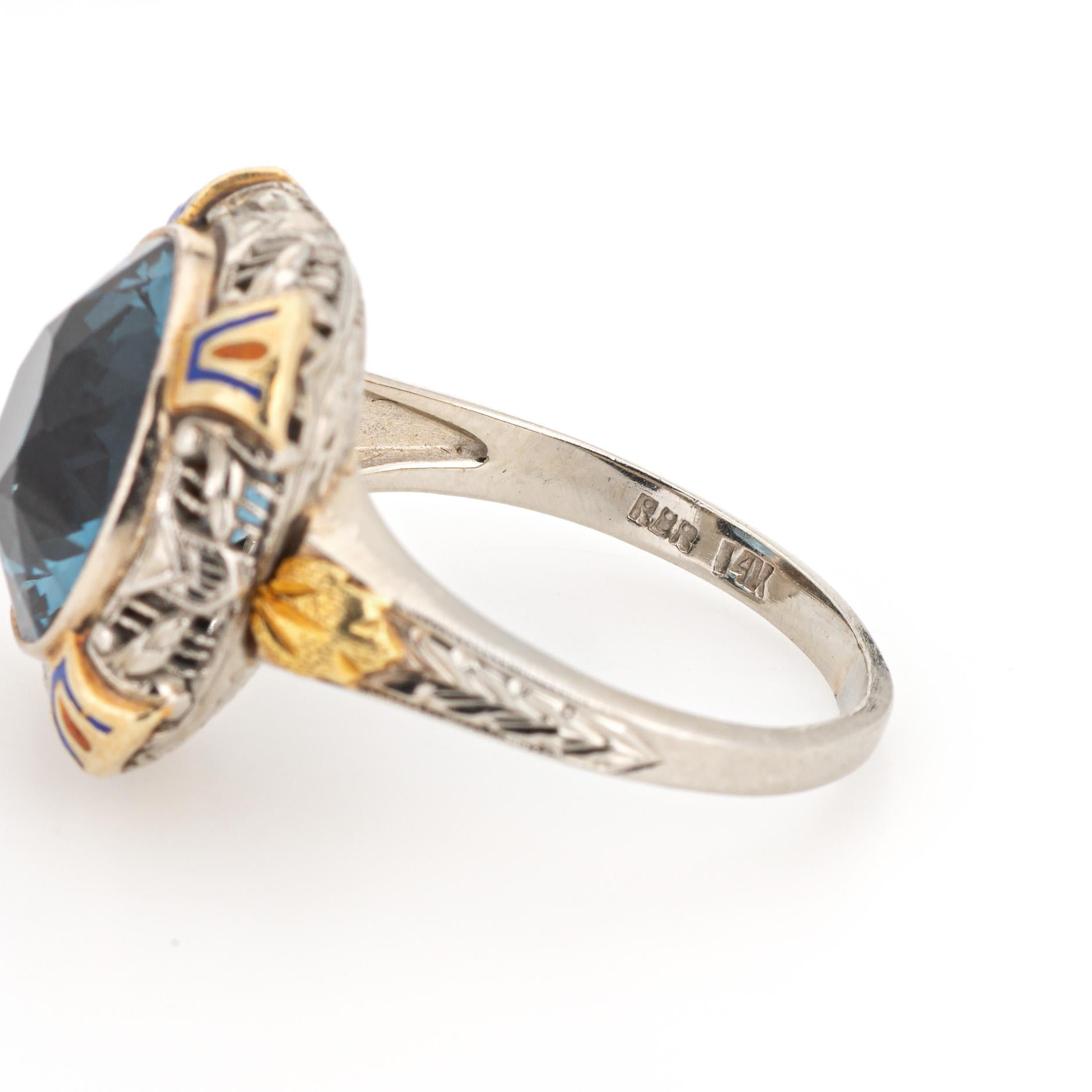 Vintage Art Deco Enamel Cocktail Ring 14k Gold Filigree Jewelry Blue Stone  For Sale 3