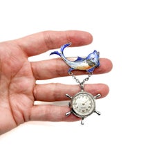 Vintage Art Deco emailliert Fisch & Rad Fob Uhr Croton 1920er Jahre  (siehe Condit)