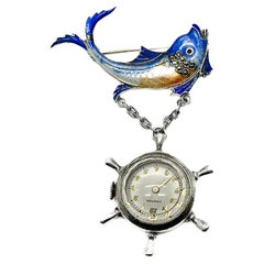 Vintage Art Deco Enamelled Fish & Wheel Fob Watch Croton 1920s  (see condition)