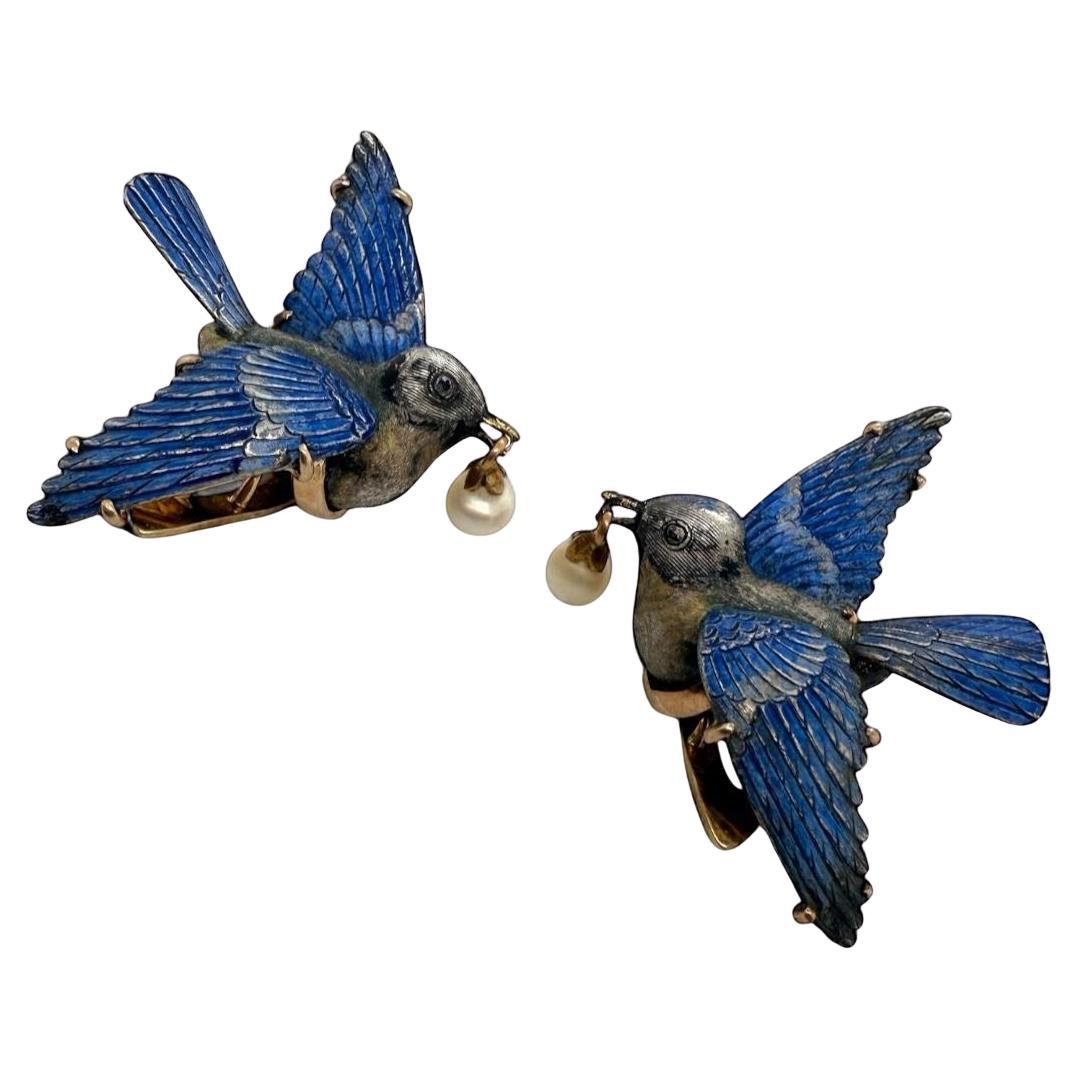 Fermagli per pellicce di uccelli blu smaltati dell'epoca Art of Vintage