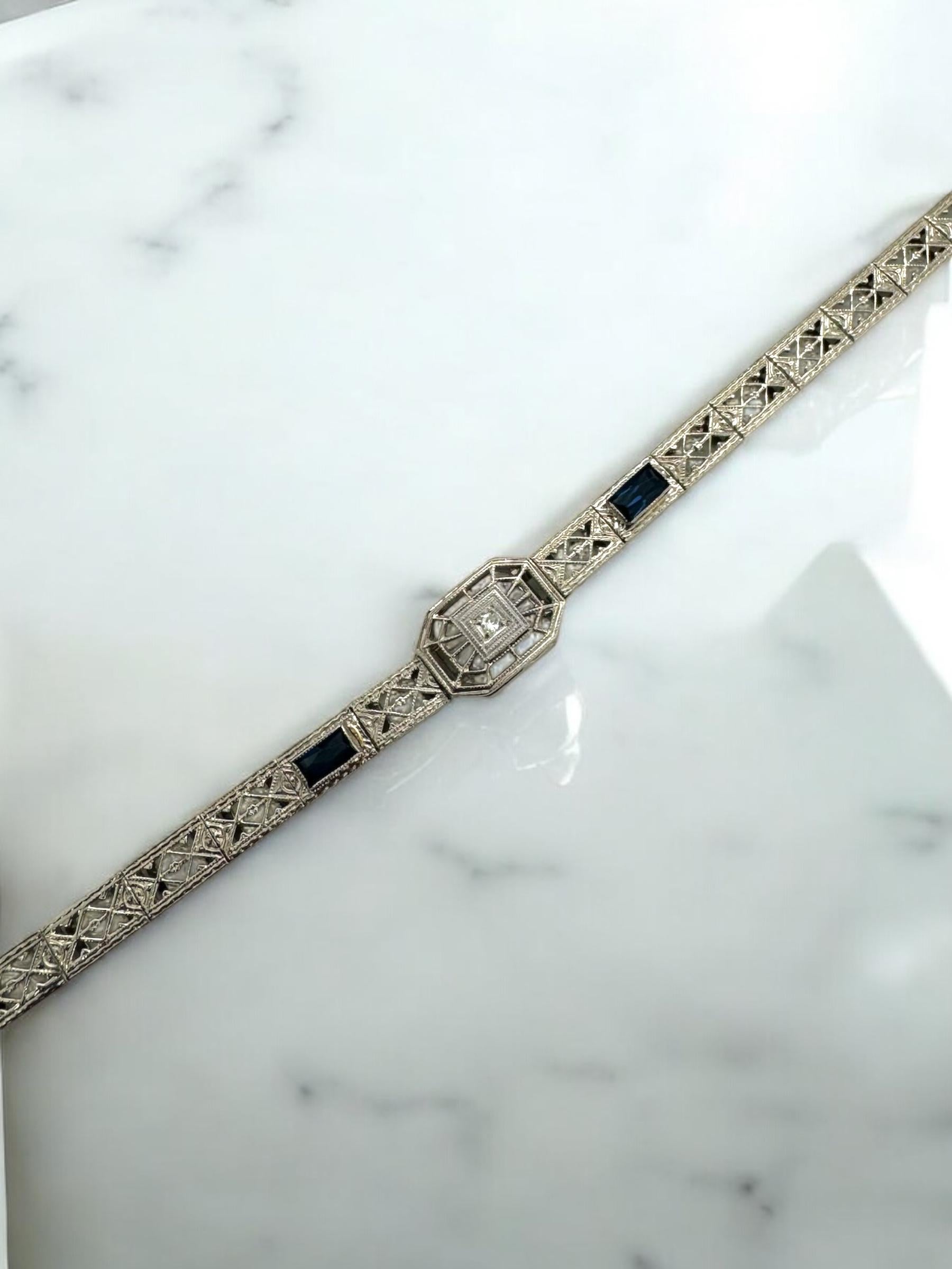 We always love these vintage beauties!!
Each one has such unique detail!!

Bracelet Details
Material: 14K White Gold
Era: Art Deco 1920 - 1940
Head Width: 9mm
Bracelet Width:4.6mm
Weight: 7.5 Grams
Length: 7 Inches
Bracelet Can Be Shortened Upon