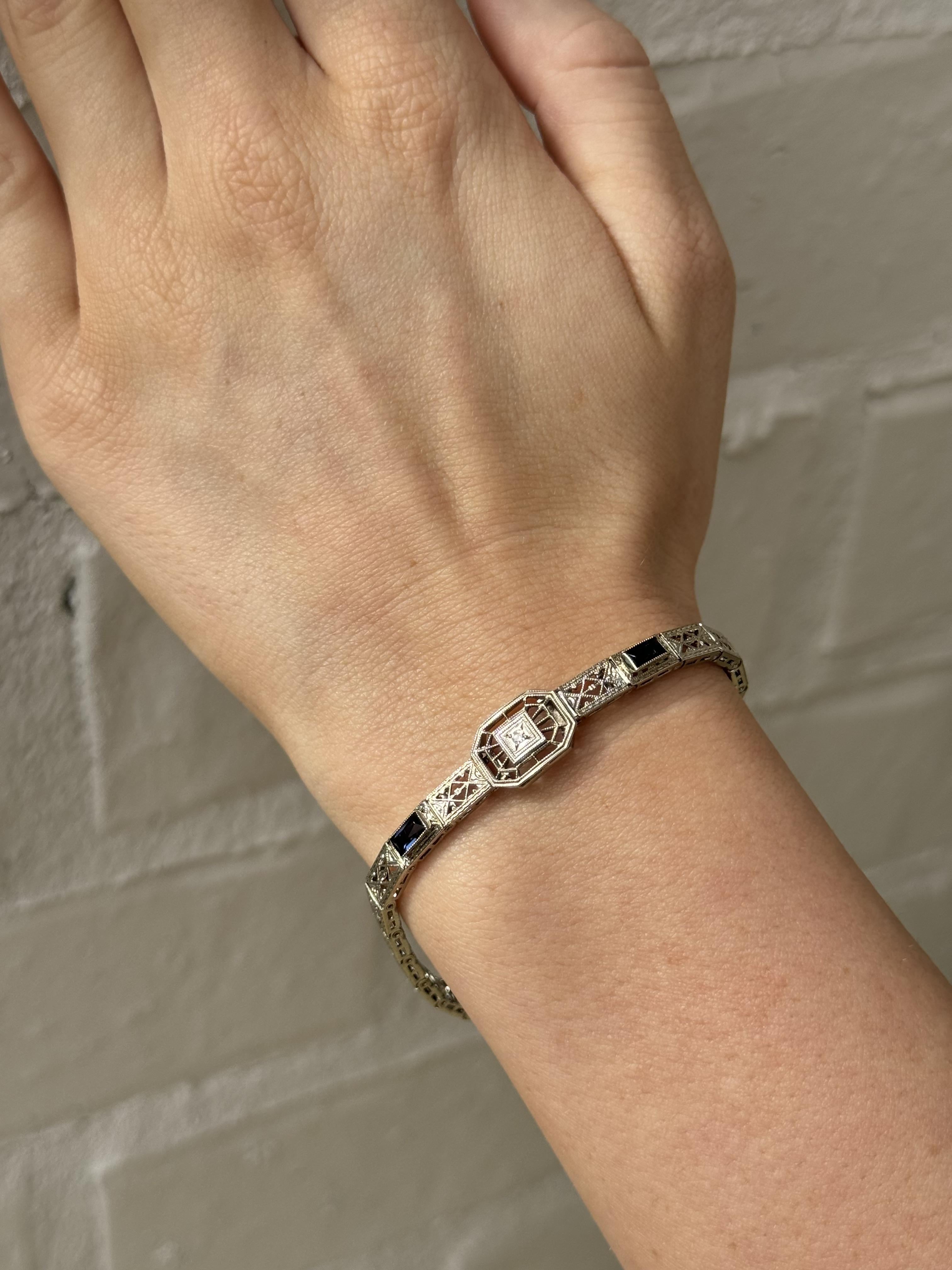 French Cut Vintage Art Deco Era Filigree Bracelet 14K White Gold For Sale