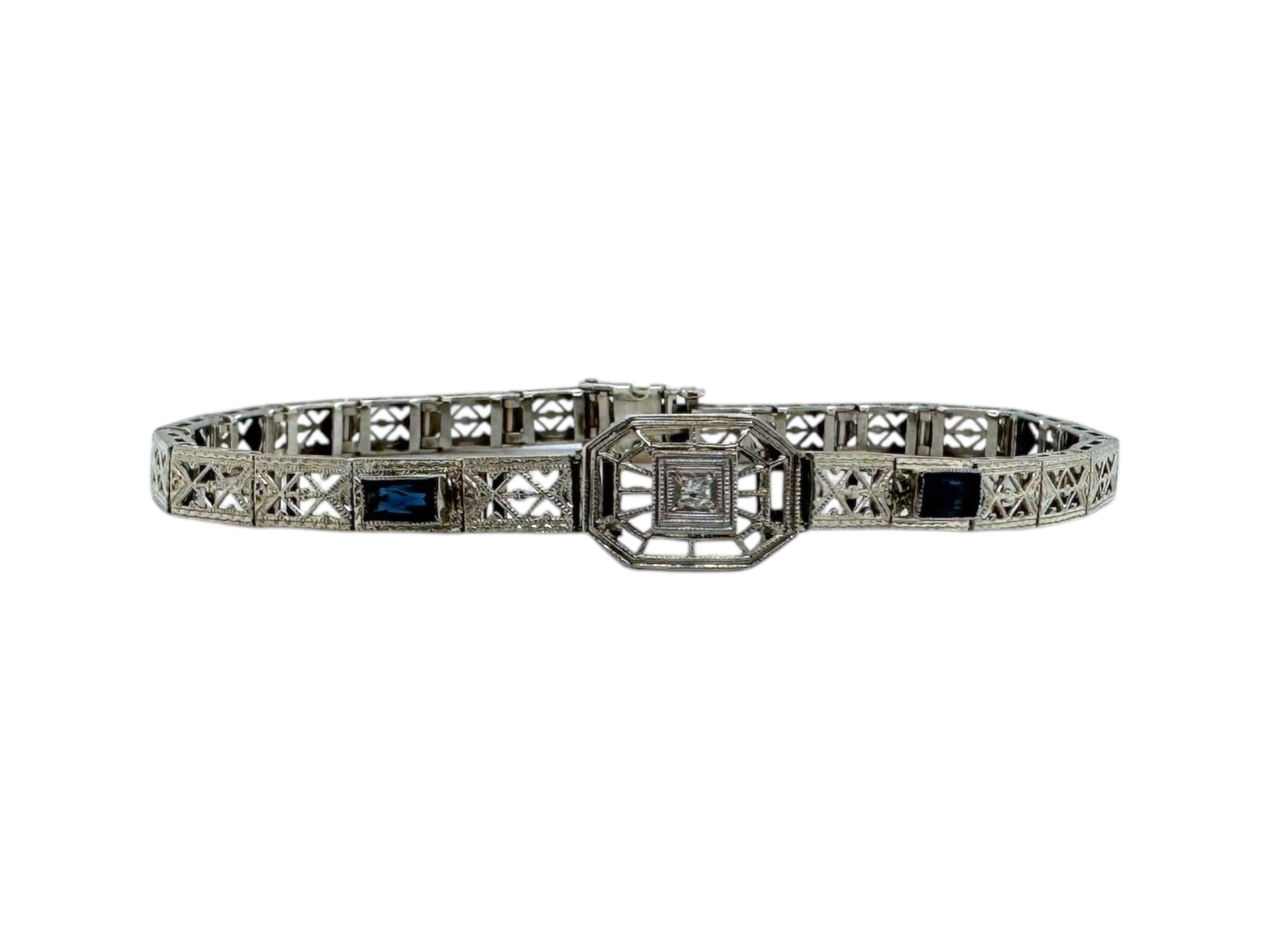 Women's Vintage Art Deco Era Filigree Bracelet 14K White Gold For Sale