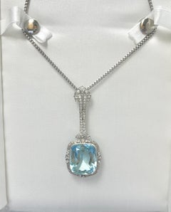 Vintage Art Deco Era GIA Certified Aquamarine and Old Euro Cut Diamond Necklace
