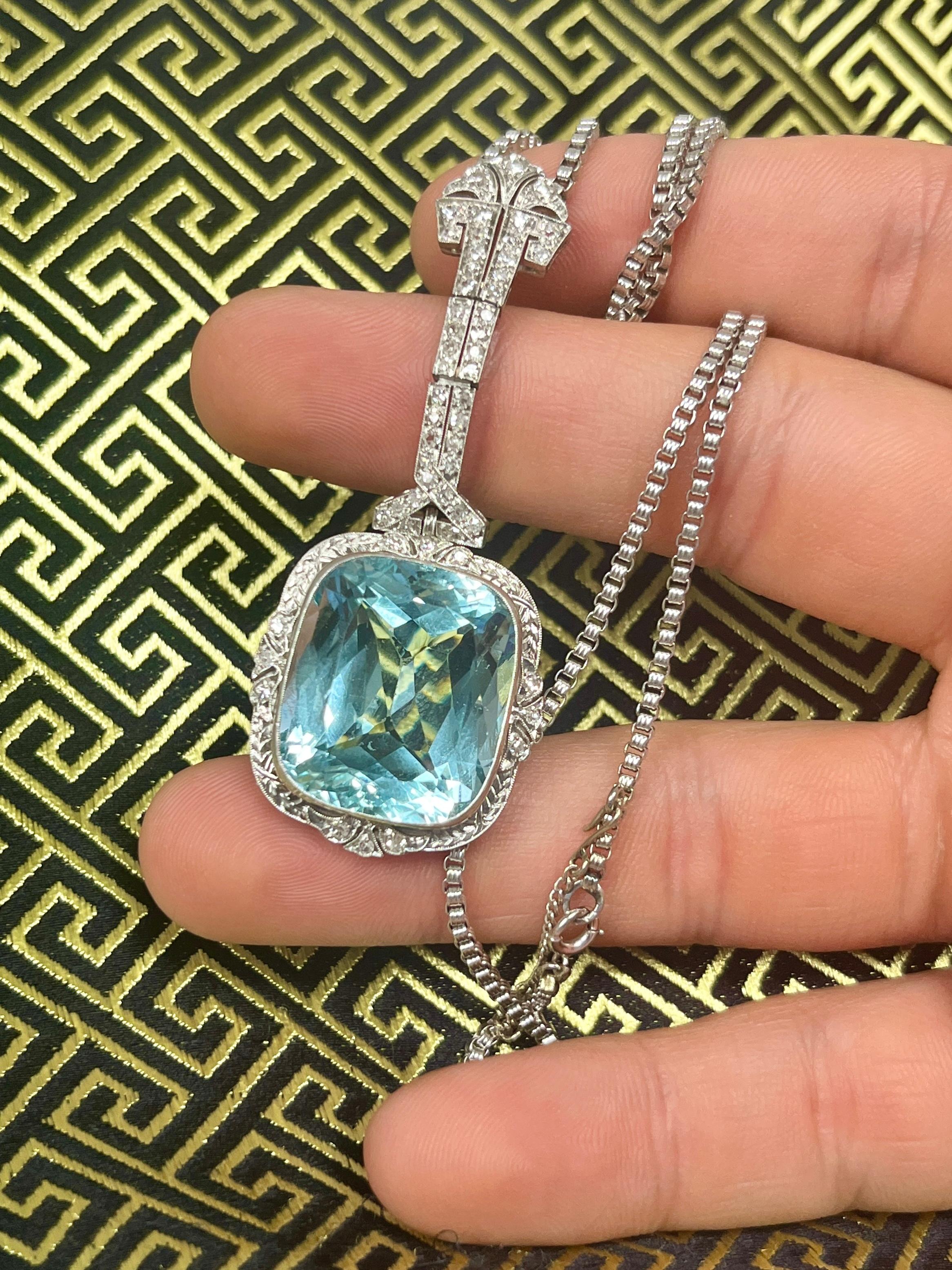 Cushion Cut Vintage Art Deco Era GIA Certified Aquamarine and Old Euro Cut Diamond Necklace For Sale