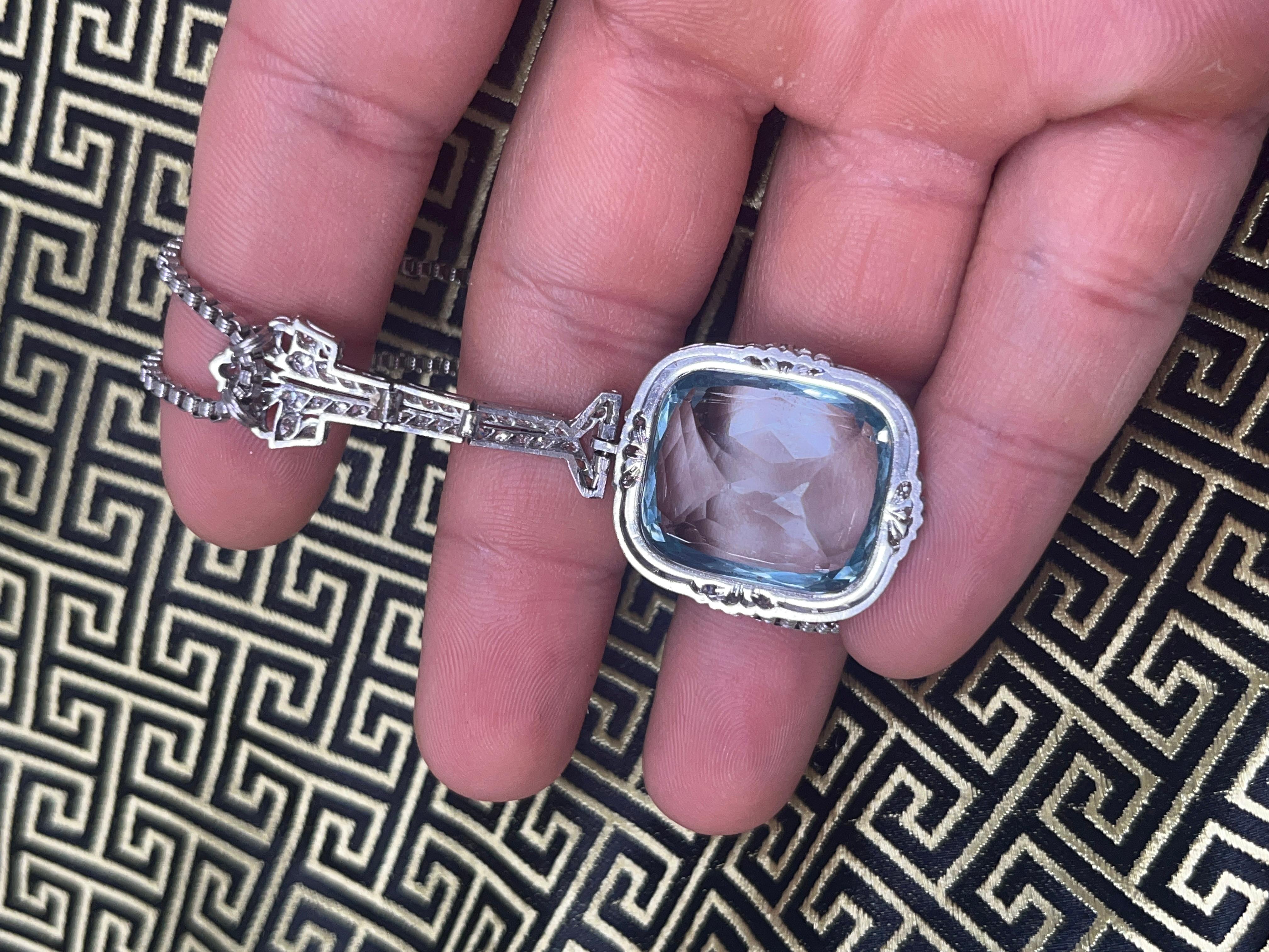 Cushion Cut Vintage Art Deco Era GIA Certified Aquamarine and Old Euro Cut Diamond Necklace For Sale