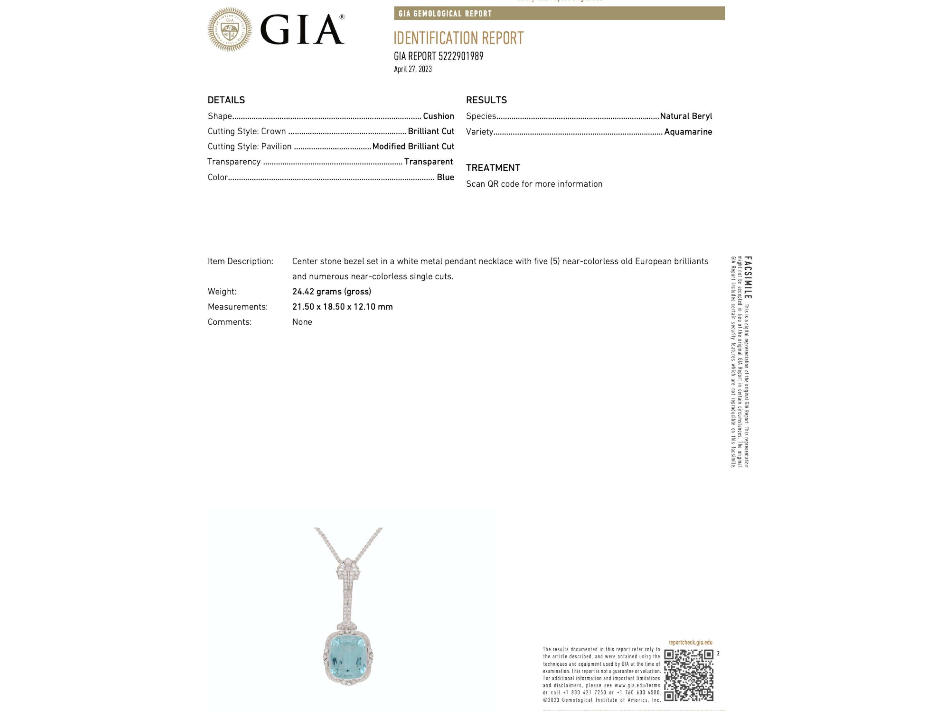 Vintage Art Deco Era GIA Certified Aquamarine and Old Euro Cut Diamond Necklace For Sale 1