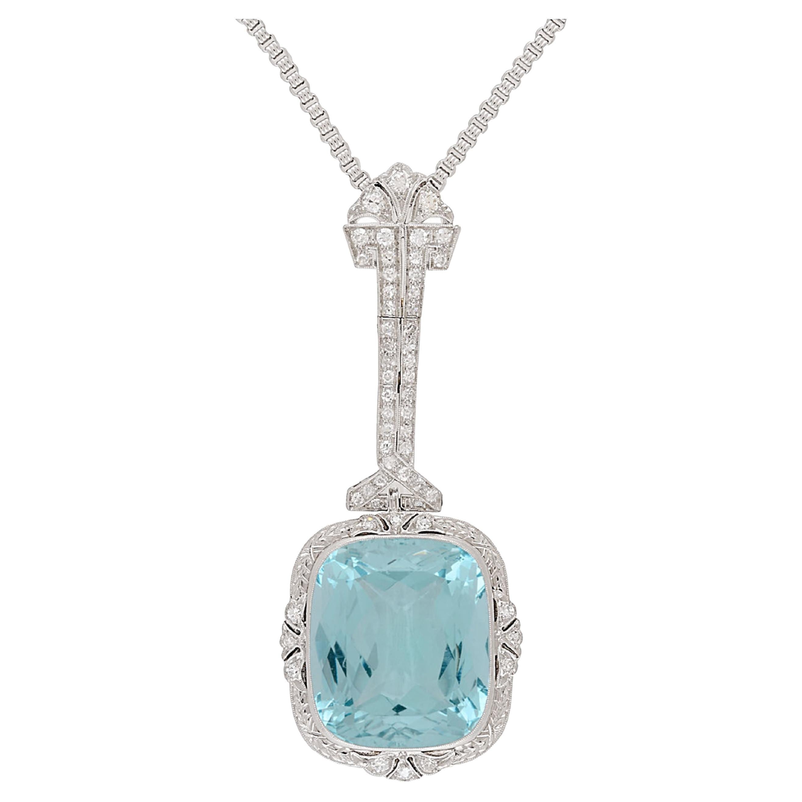Vintage Art Deco Era GIA Certified Aquamarine and Old Euro Cut Diamond Necklace For Sale