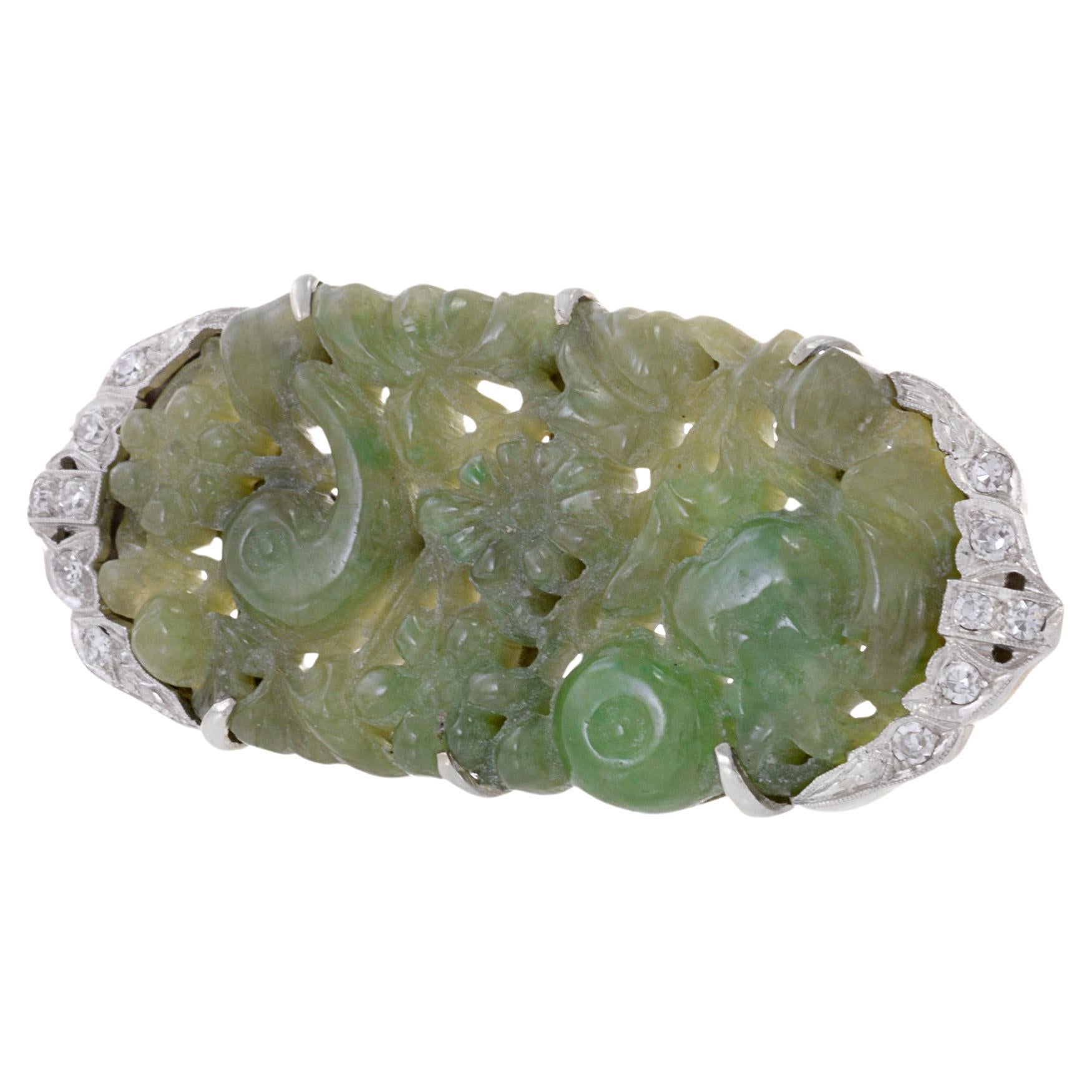 Vintage Art Deco Era Platinum 18KT White Gold Genuine Jade And Diamond Brooch