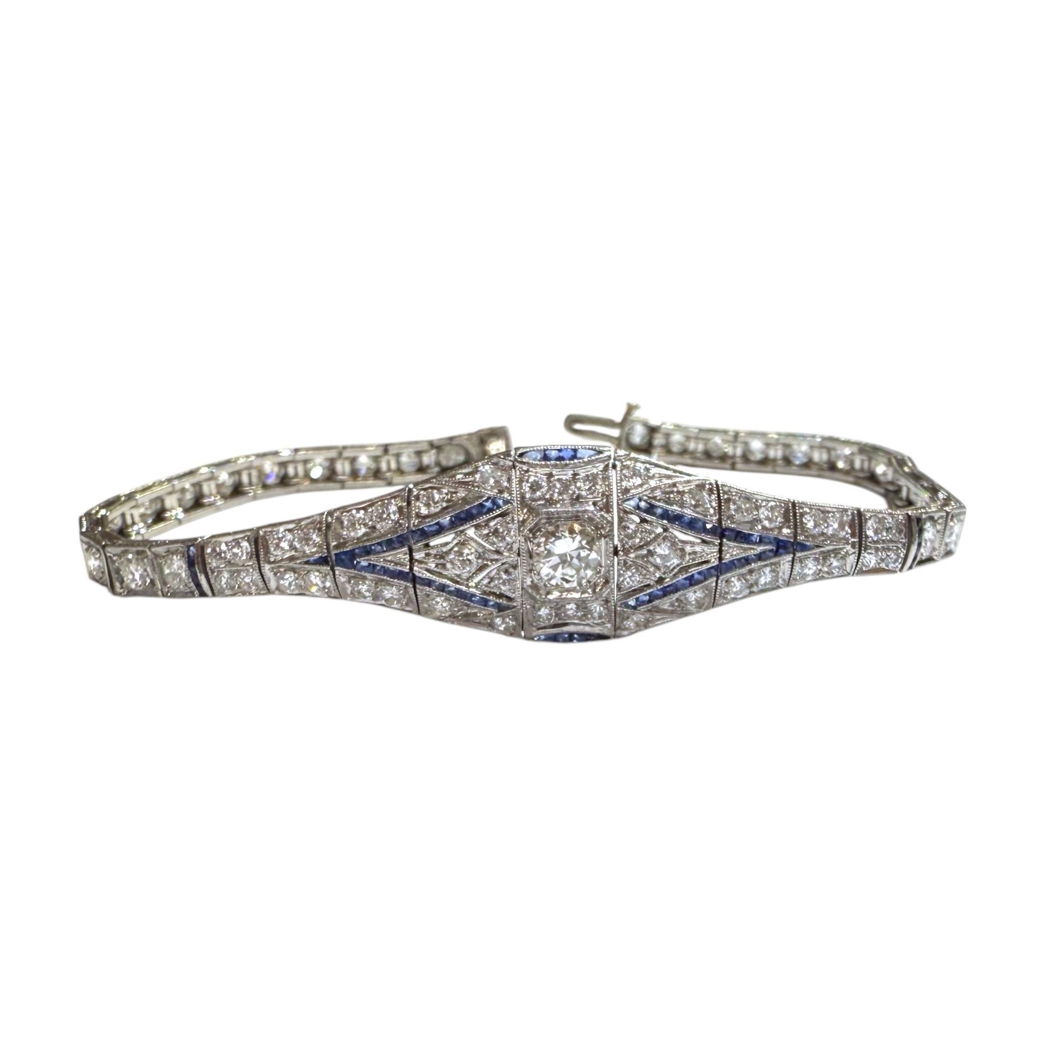 Vintage Art Deco Ära Platin Diamant & Saphir Armband (Alteuropäischer Schliff) im Angebot
