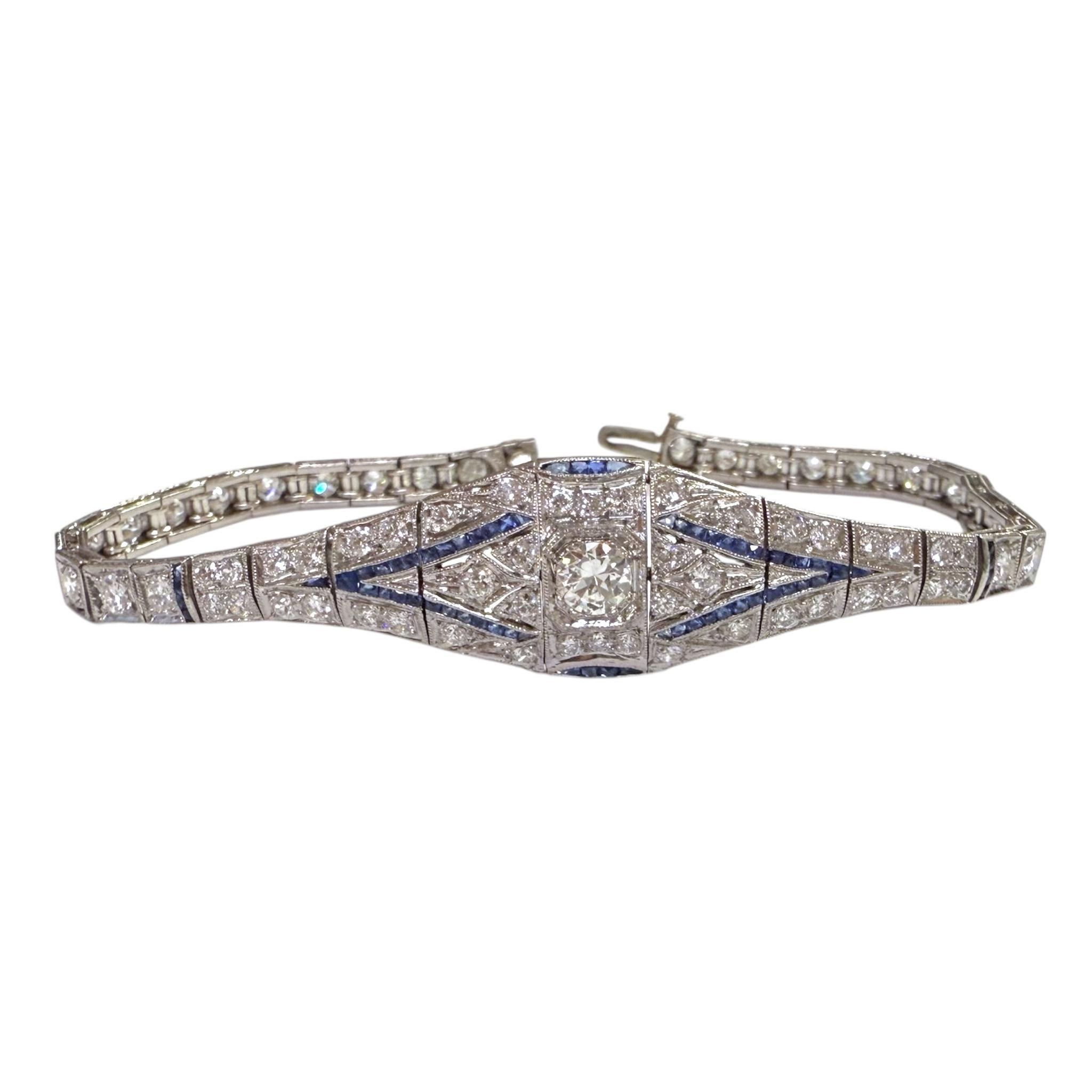 Vintage Art Deco Ära Platin Diamant & Saphir Armband im Zustand „Gut“ im Angebot in Montgomery, AL