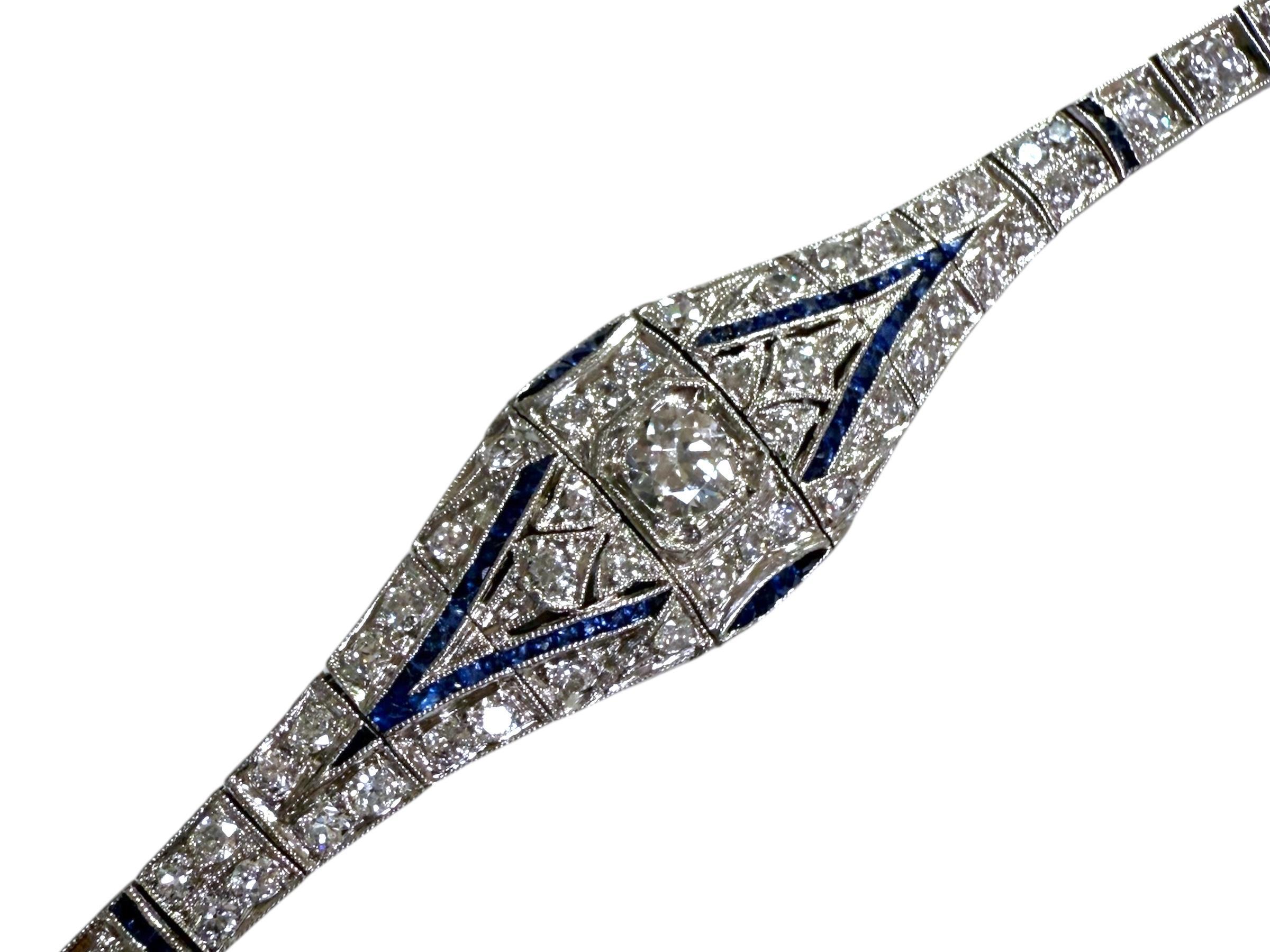 Vintage Art Deco Ära Platin Diamant & Saphir Armband im Angebot 1