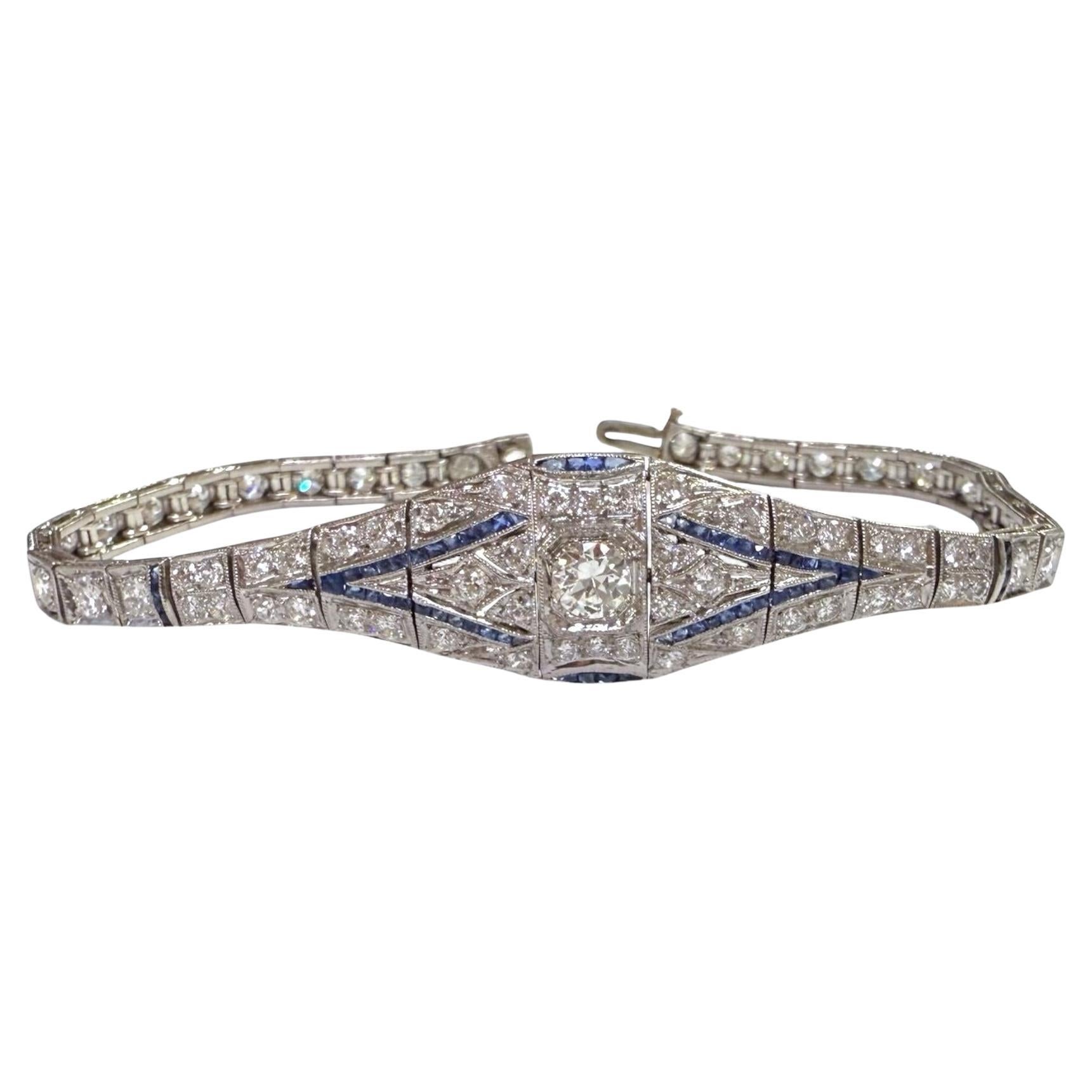 Vintage Art Deco Ära Platin Diamant & Saphir Armband im Angebot