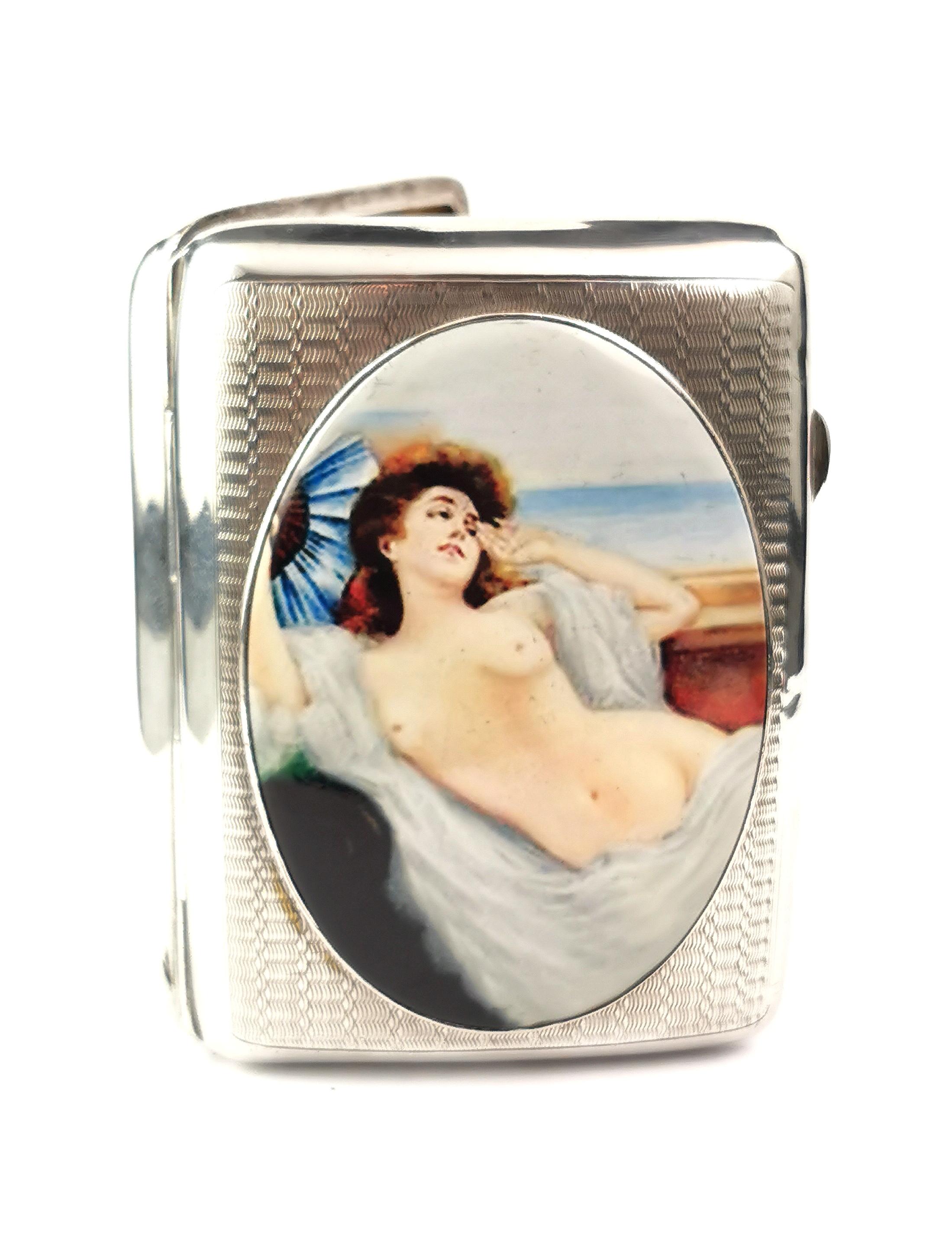 British Vintage Art Deco erotic sterling silver cigarette case, enamelled  For Sale