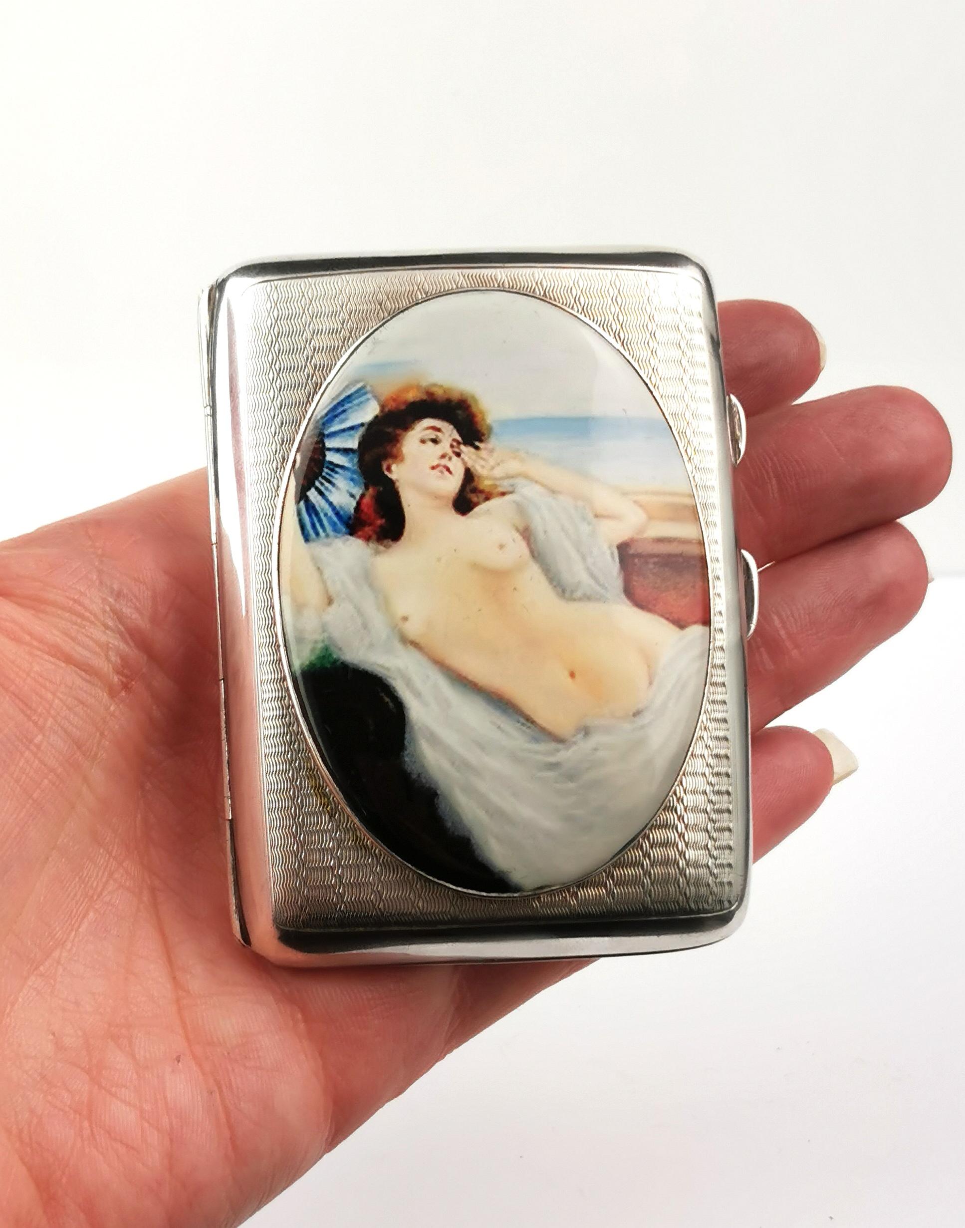 Vintage Art Deco erotic sterling silver cigarette case, enamelled  For Sale 1