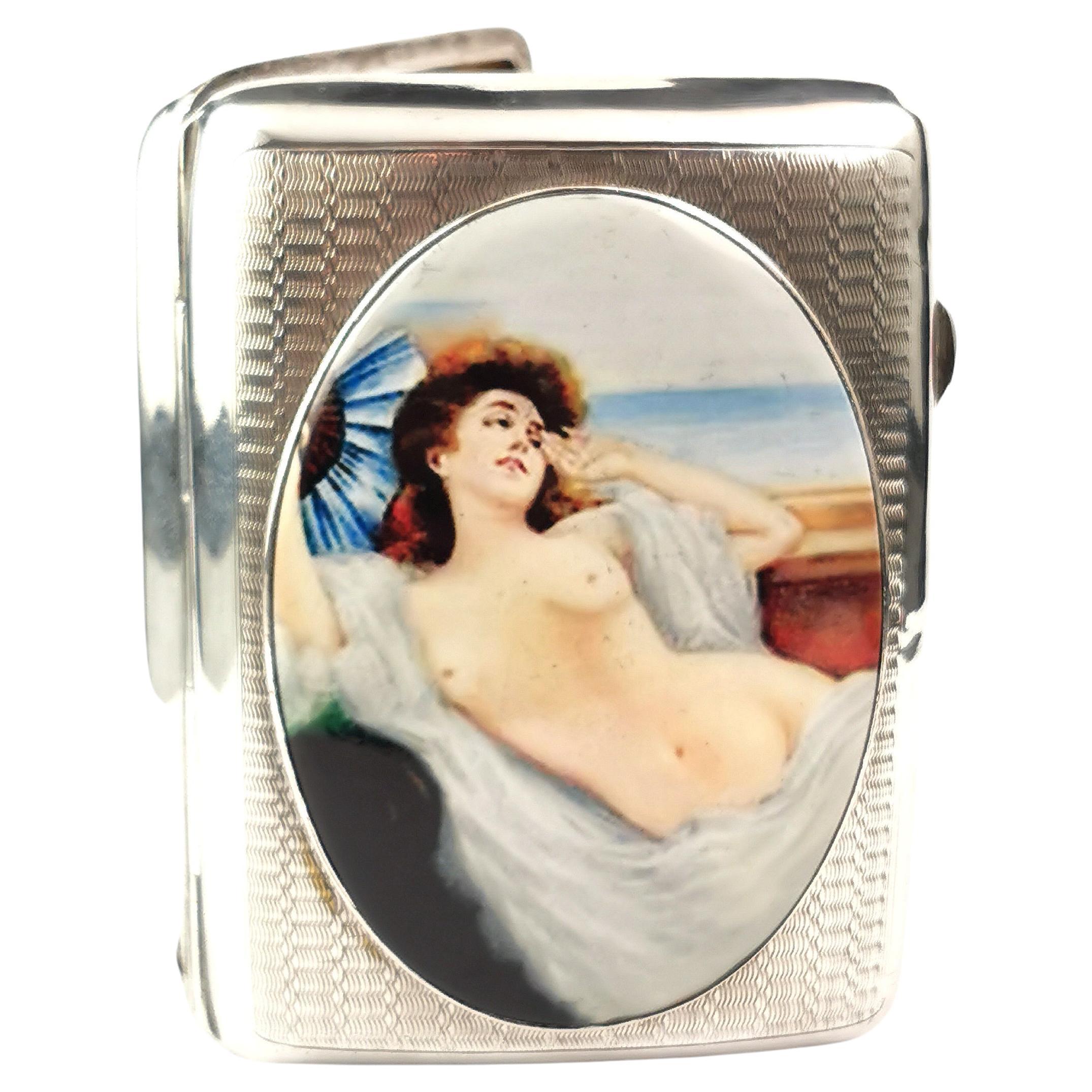 Vintage Art Deco erotic sterling silver cigarette case, enamelled  For Sale