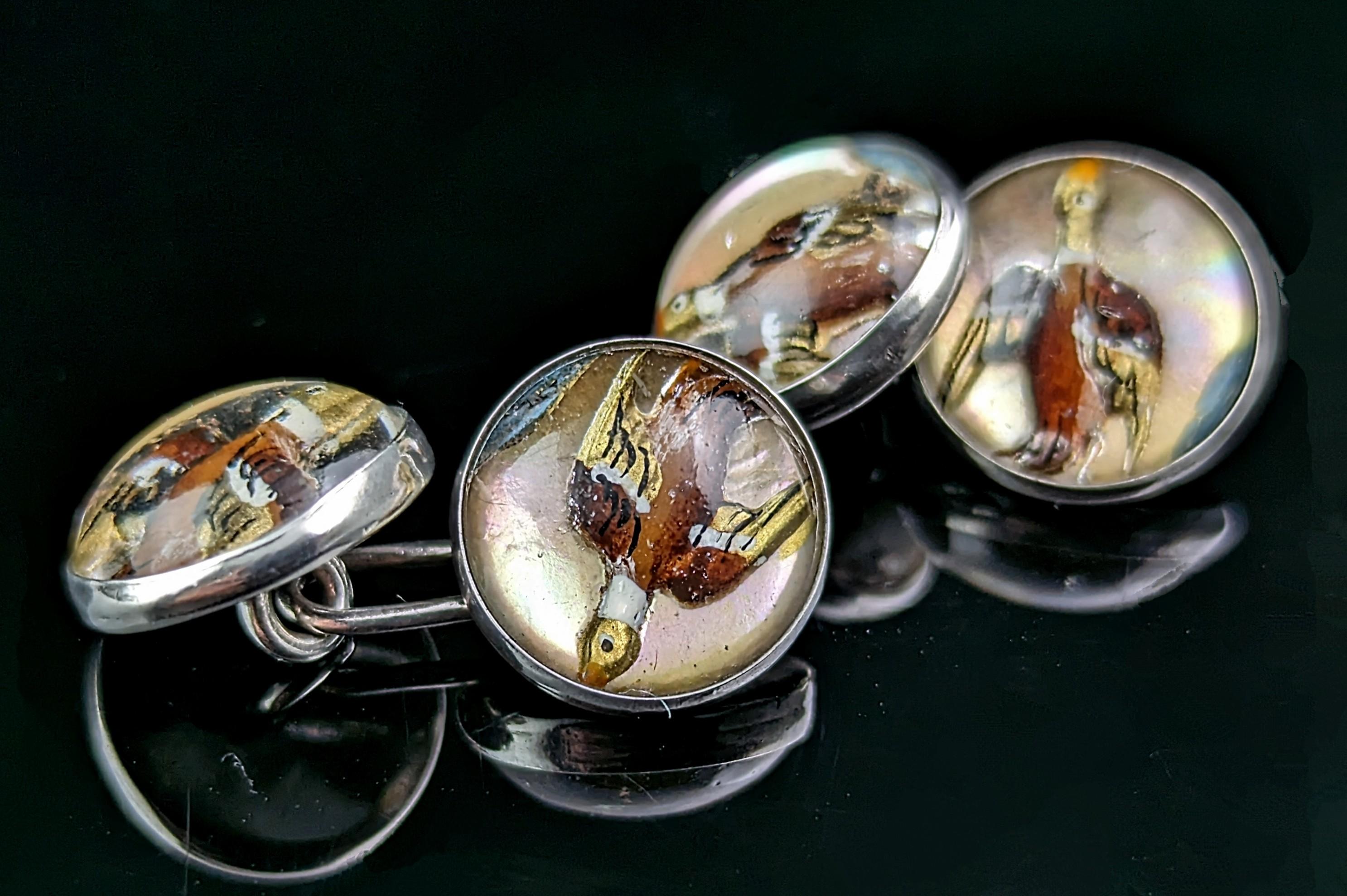 Cabochon Vintage Art Deco Essex crystal Duck cufflinks, sterling silver  For Sale
