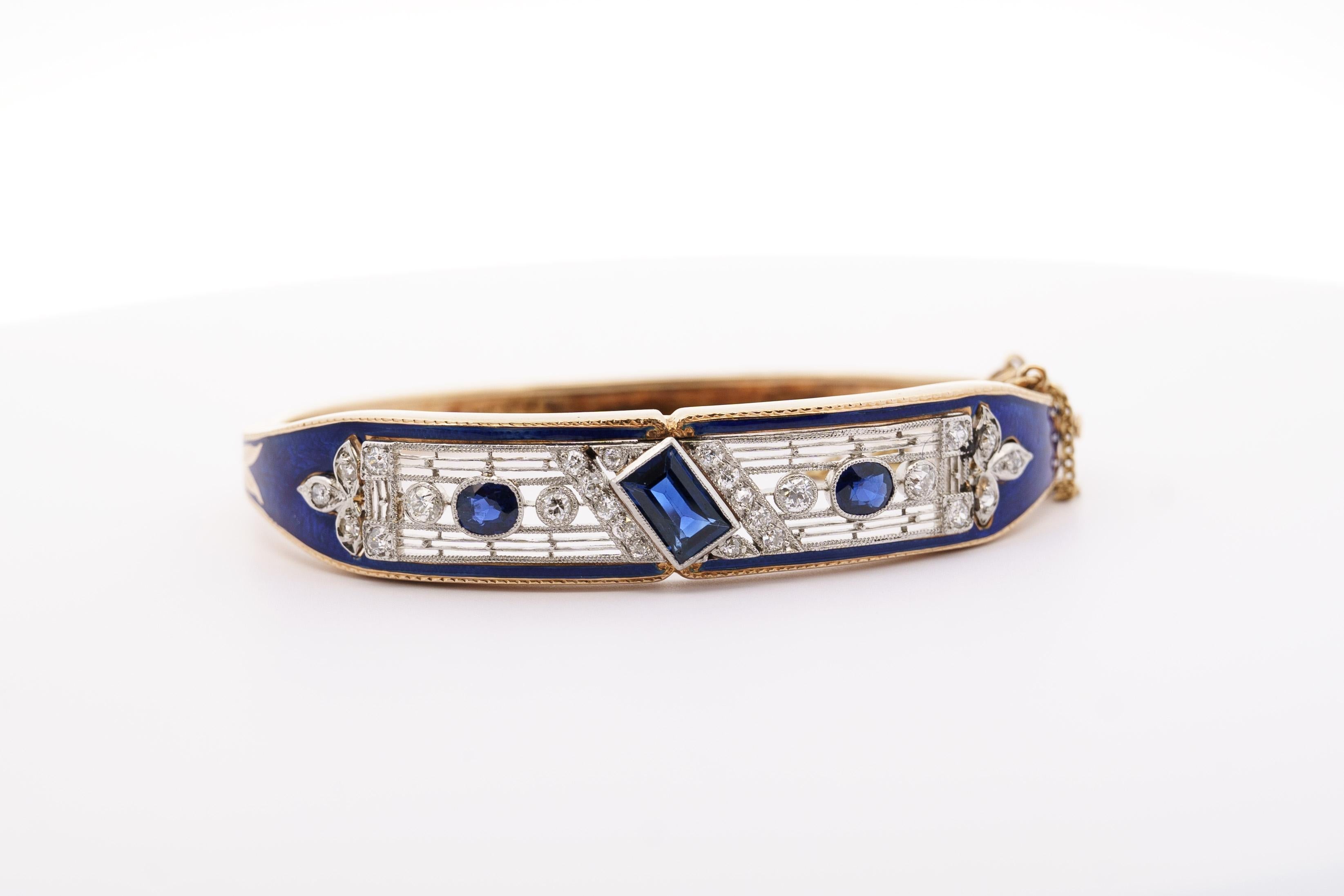 Women's or Men's Vintage Art Deco Estate Blue Sapphire, Diamond & Enamel Bangle Bracelet For Sale