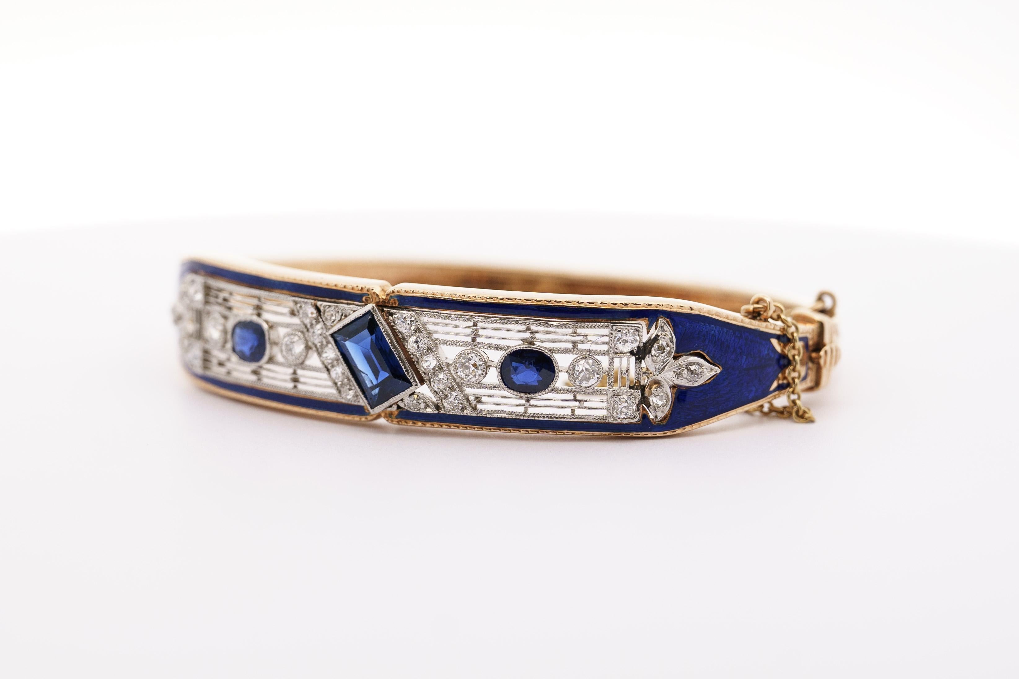 Vintage Art Deco Estate Blue Sapphire, Diamond & Enamel Bangle Bracelet For Sale 1