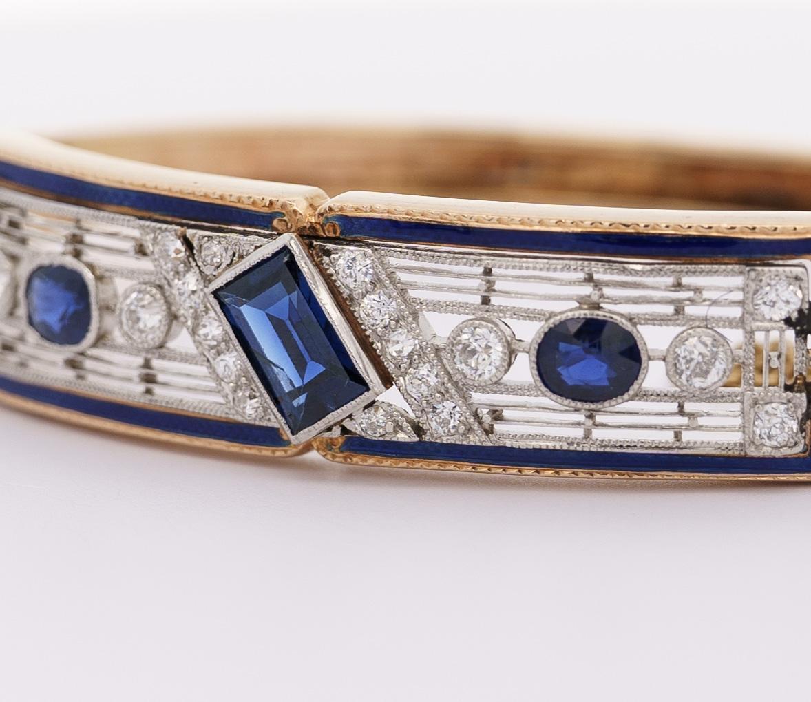 Vintage Art Deco Estate Blue Sapphire, Diamond & Enamel Bangle Bracelet For Sale 2