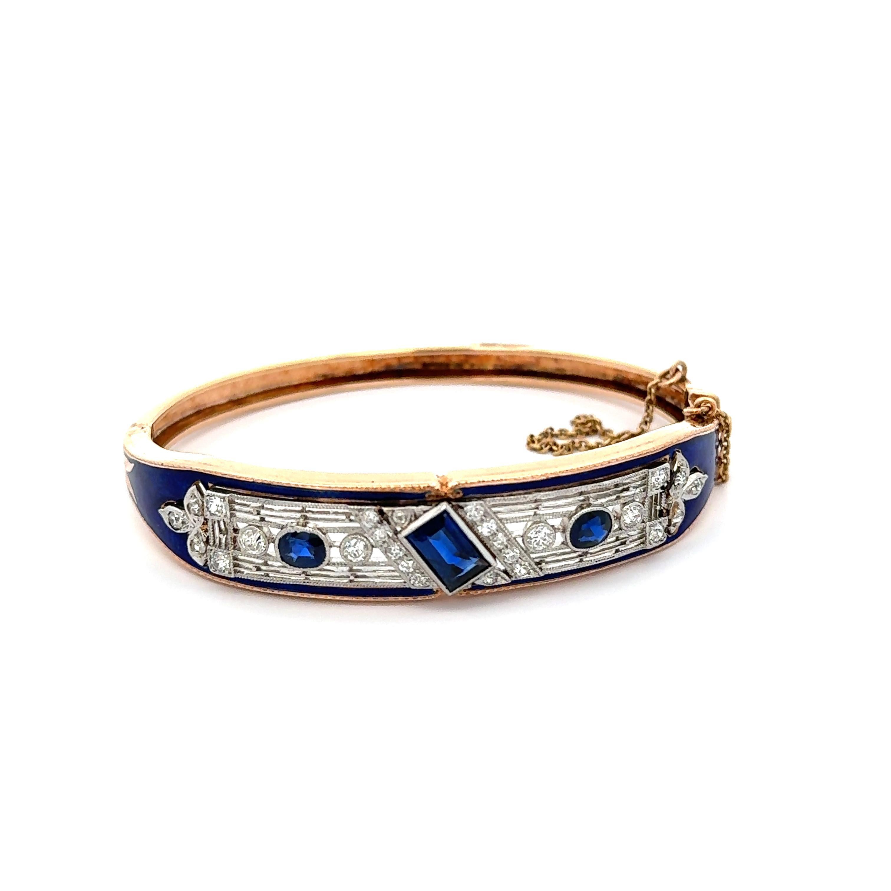 Vintage Art Deco Estate Blue Sapphire, Diamond & Enamel Bangle Bracelet For Sale 3