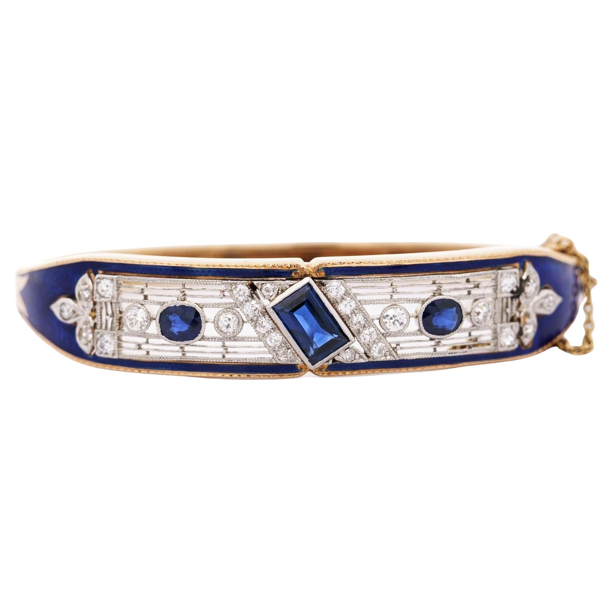 Vintage Art Deco Estate Blue Sapphire, Diamond & Enamel Bangle Bracelet For Sale