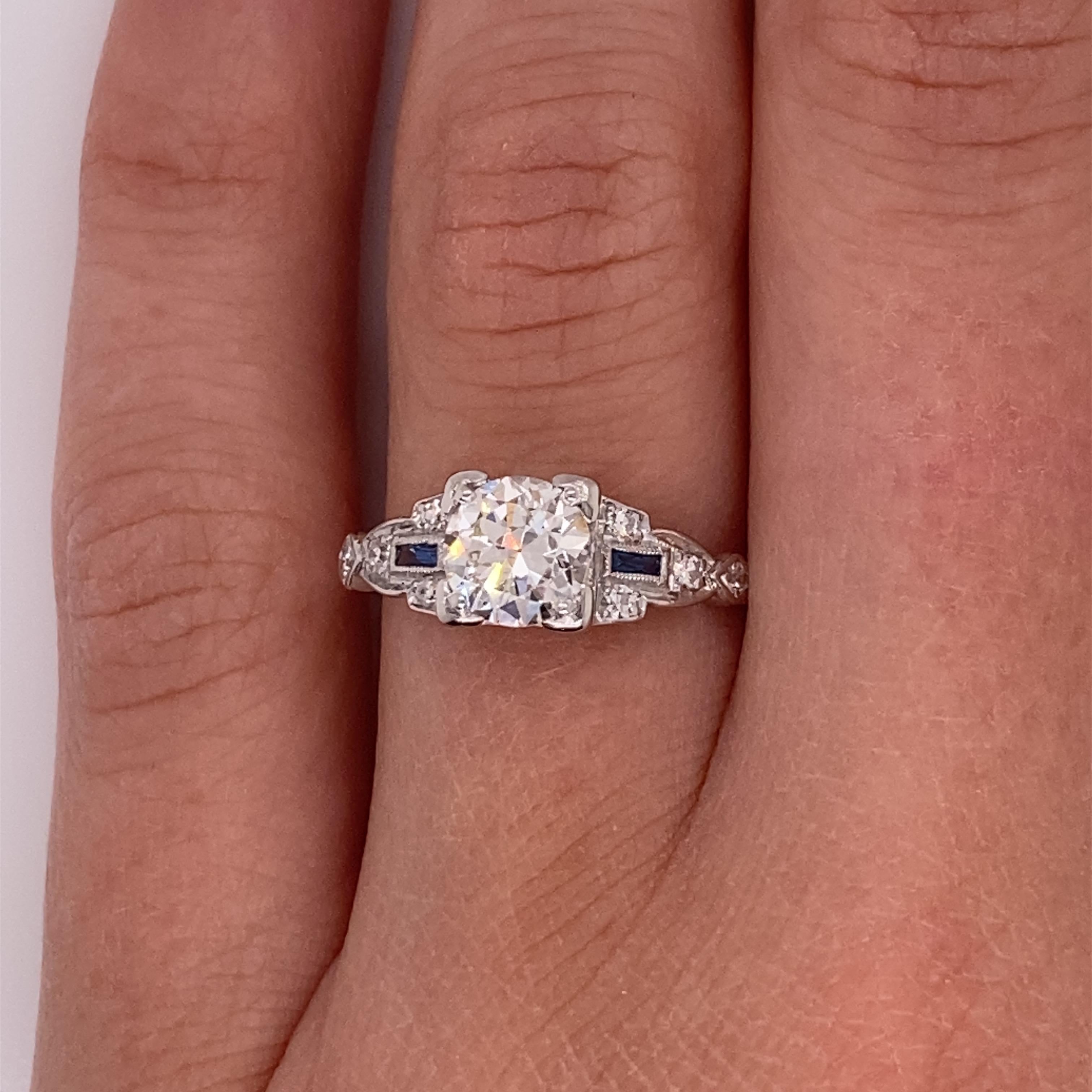 Vintage Art Deco Diamant-Verlobungsring mit europäischem Schliff und Saphiren im Angebot 4