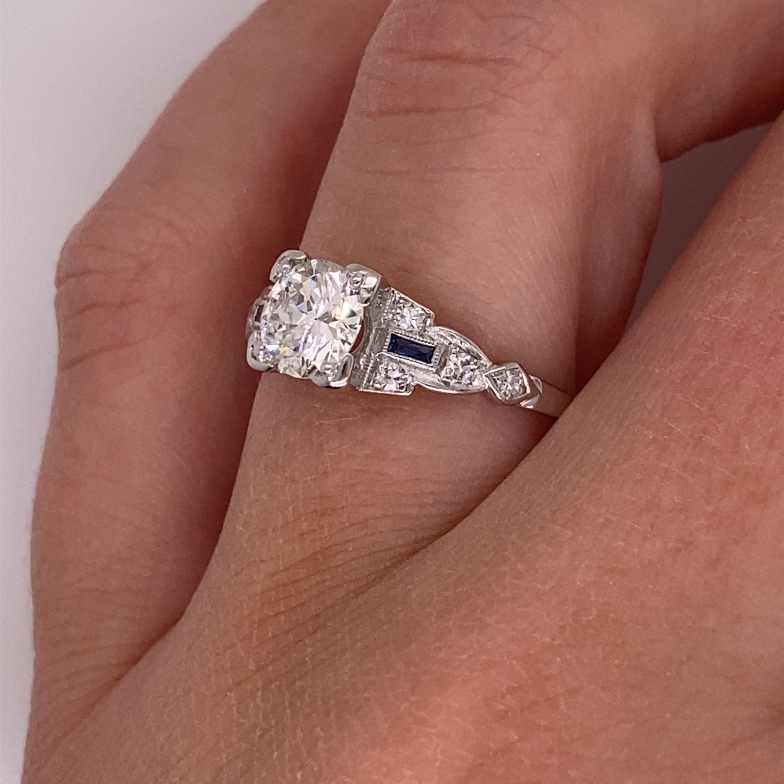 Vintage Art Deco European Cut Diamond Engagement Ring with Sapphires For Sale 7