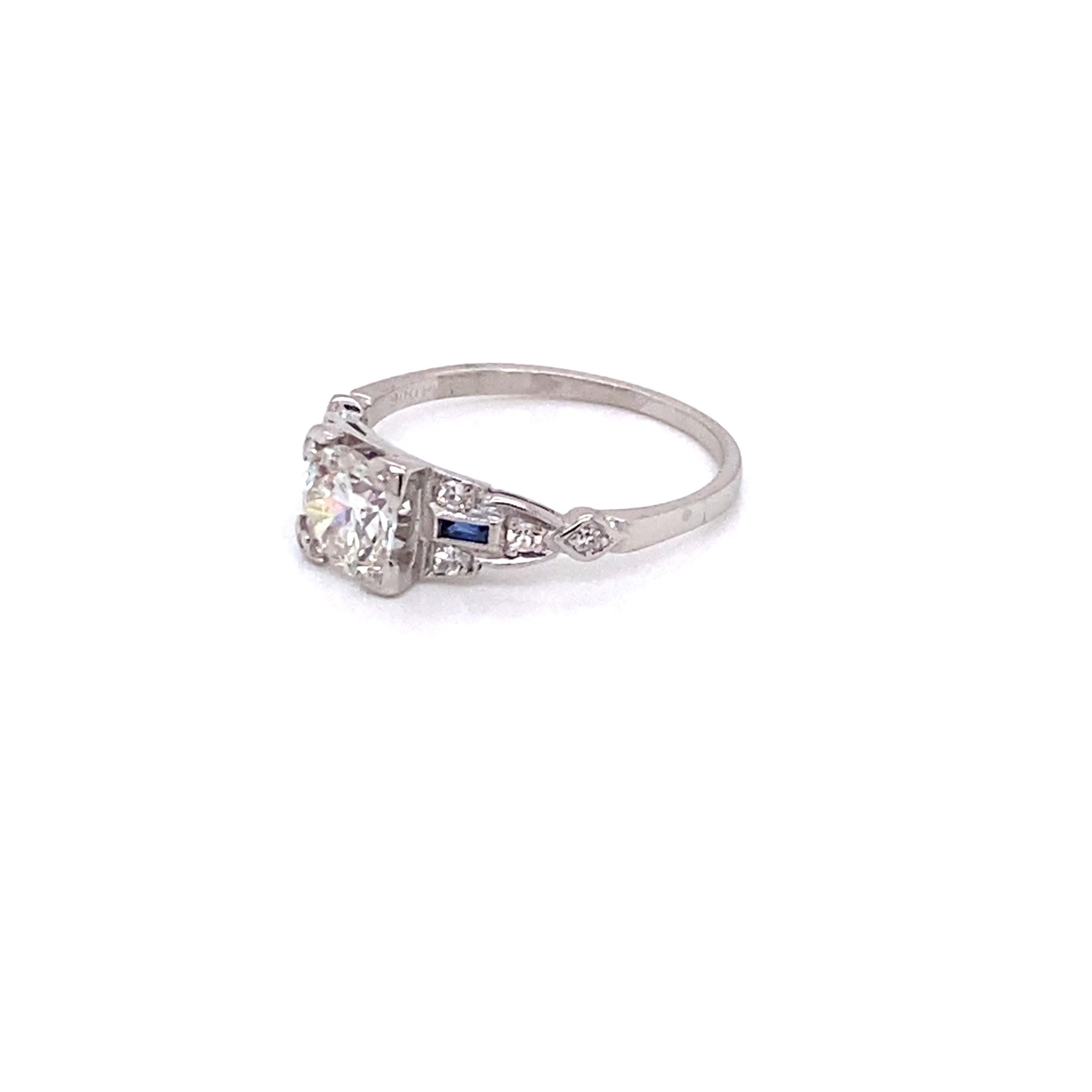 Old European Cut Vintage Art Deco European Cut Diamond Engagement Ring with Sapphires For Sale