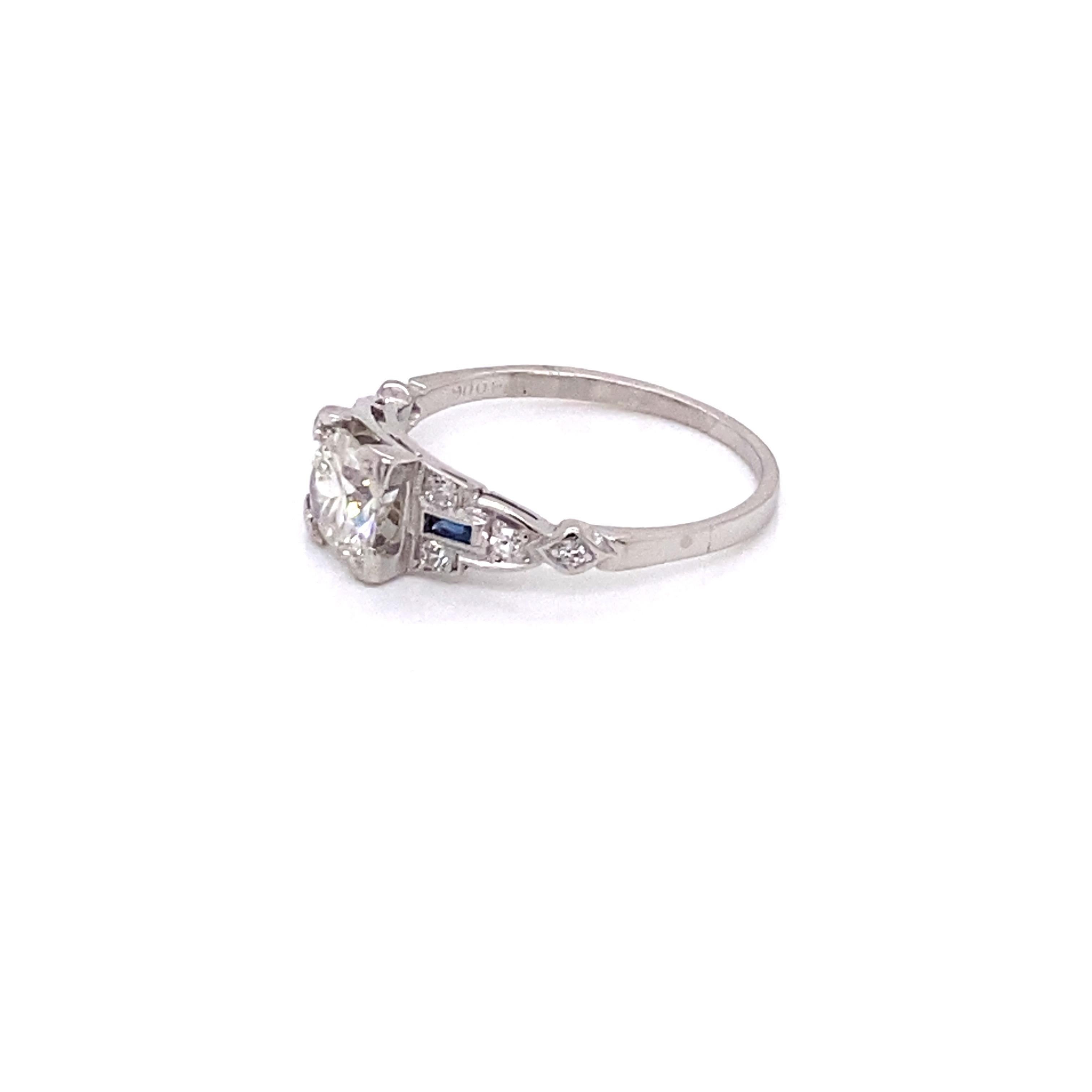 Vintage Art Deco Diamant-Verlobungsring mit europäischem Schliff und Saphiren (Alteuropäischer Schliff) im Angebot