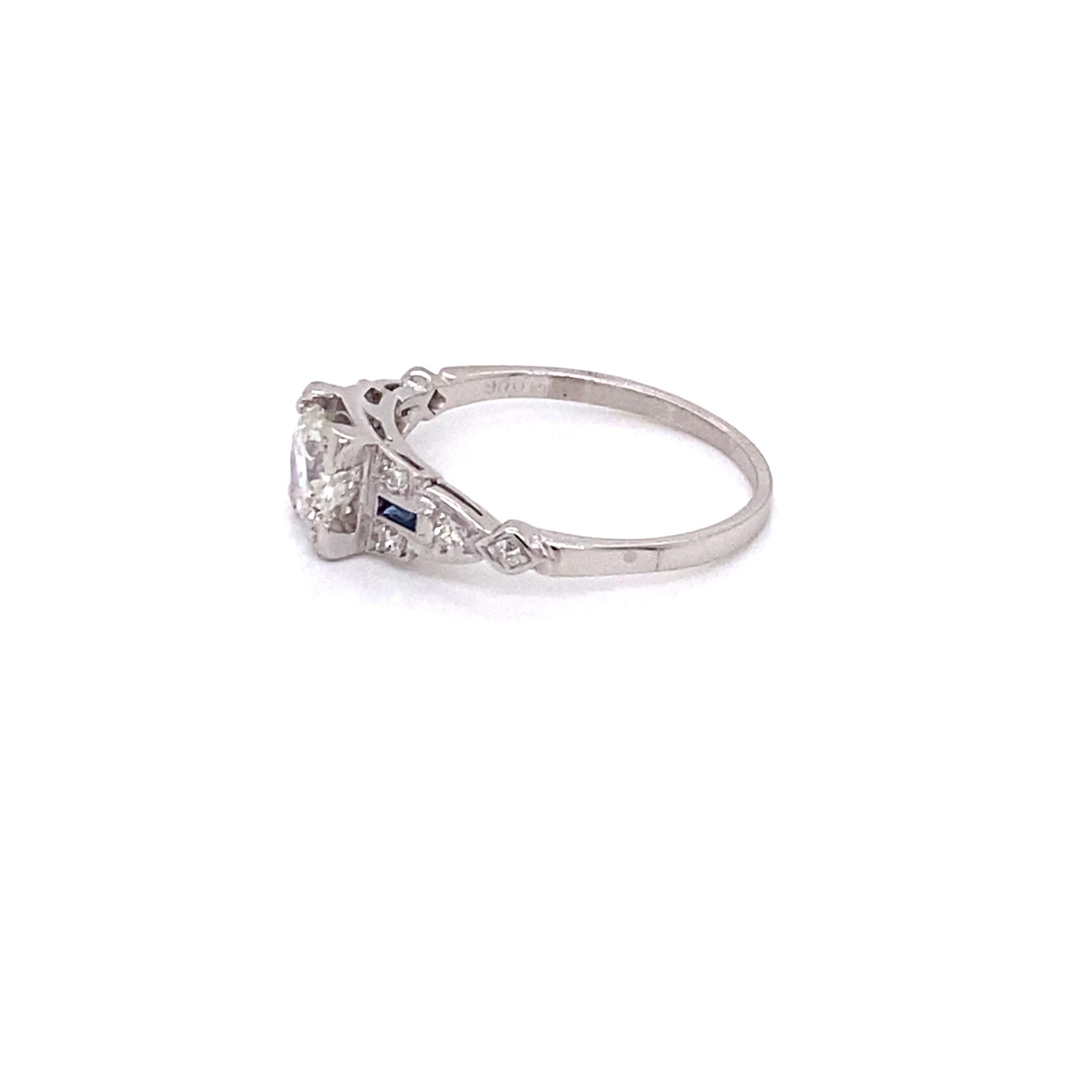 Vintage Art Deco Diamant-Verlobungsring mit europäischem Schliff und Saphiren im Zustand „Gut“ im Angebot in Boston, MA