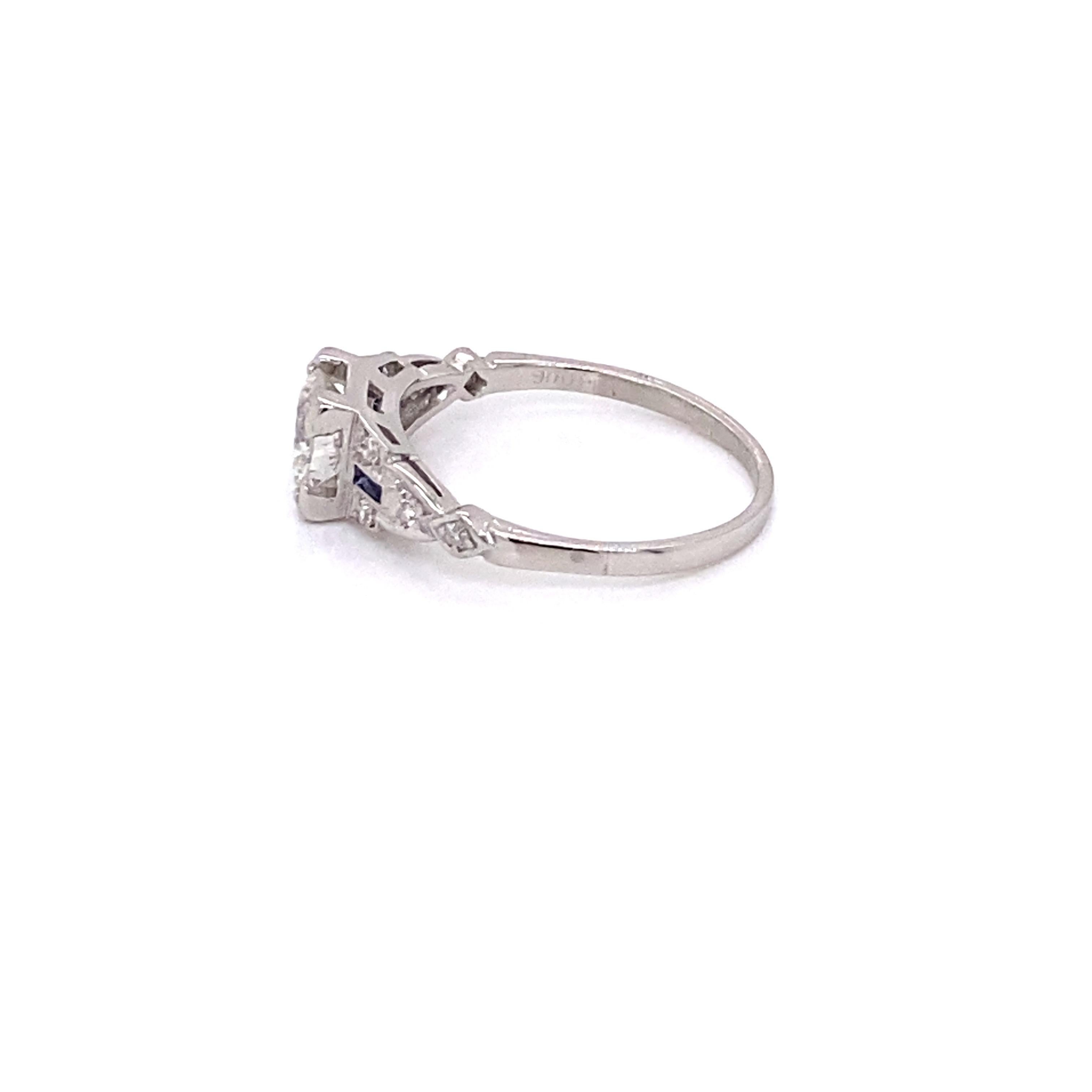 Vintage Art Deco European Cut Diamond Engagement Ring with Sapphires For Sale 1