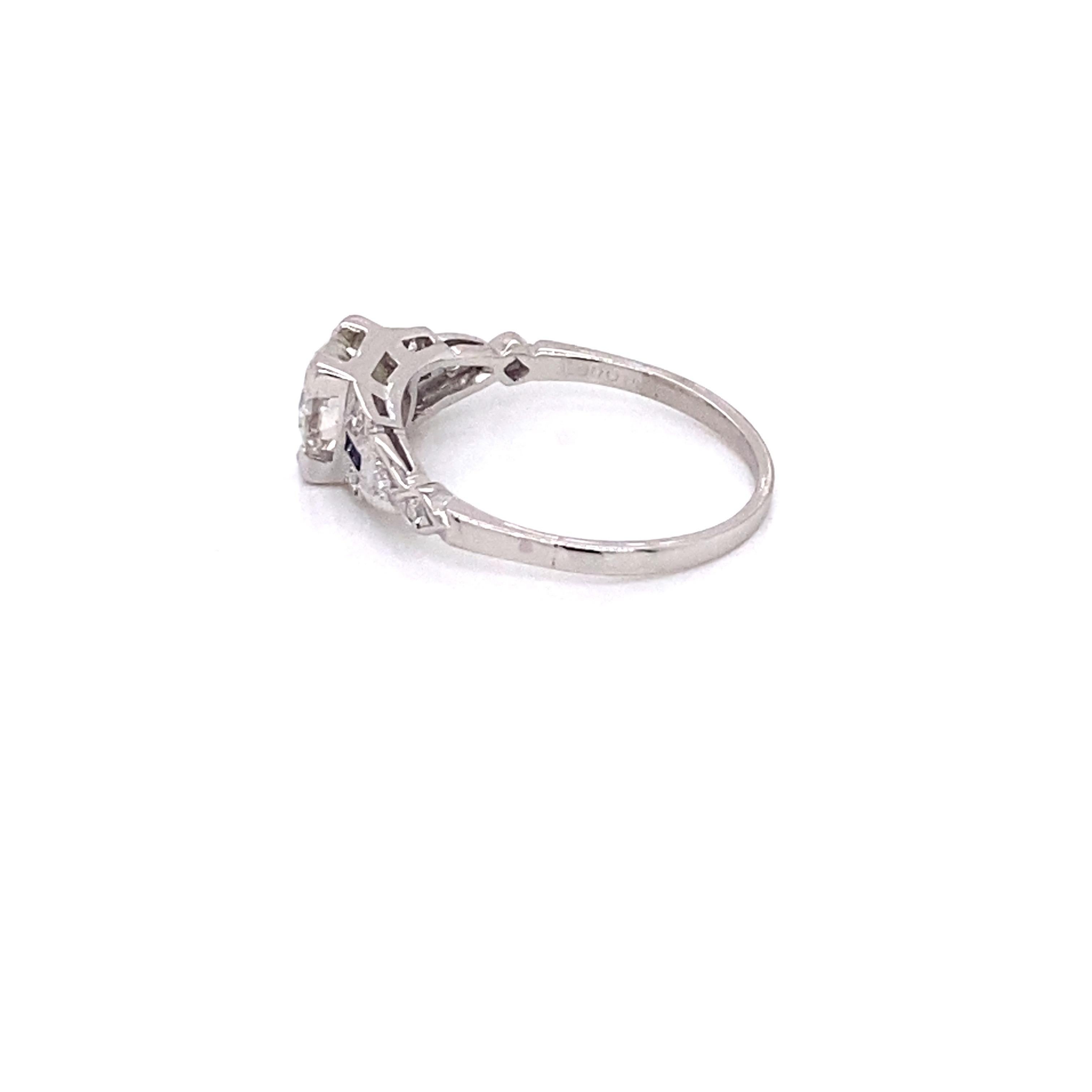 Vintage Art Deco European Cut Diamond Engagement Ring with Sapphires For Sale 2