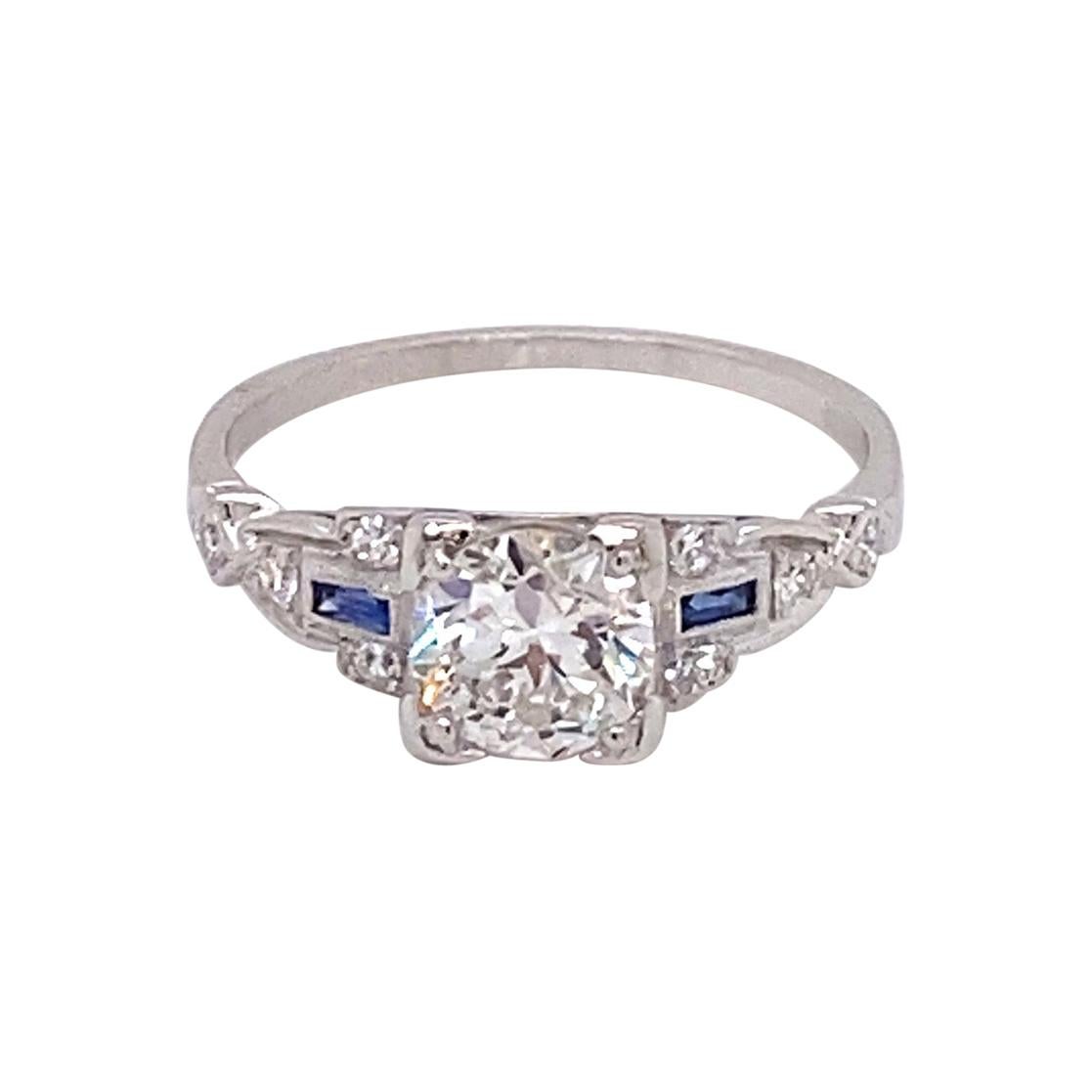 Vintage Art Deco European Cut Diamond Engagement Ring with Sapphires For Sale