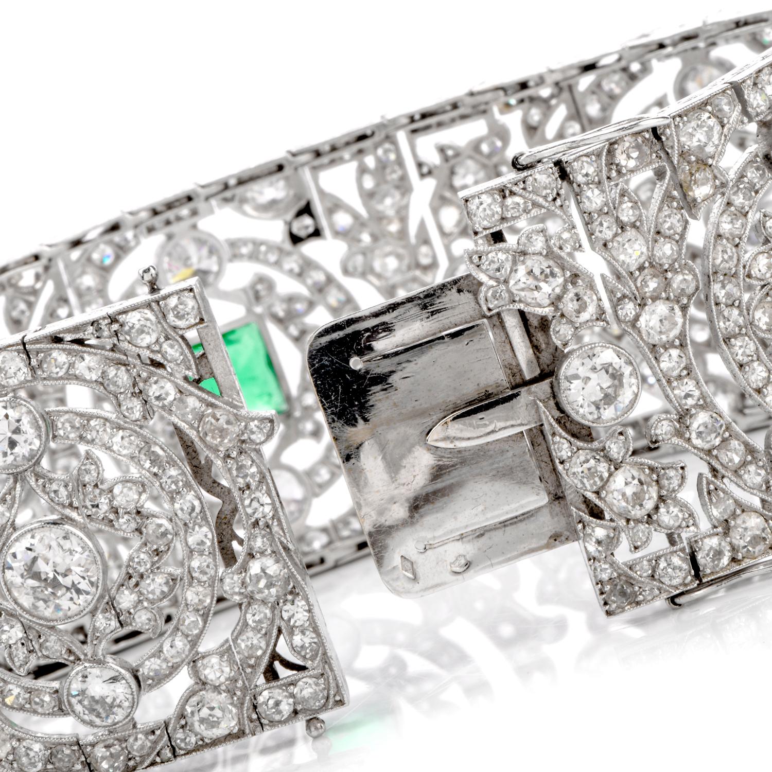 Vintage Art Deco European Diamond Emerald Platinum Wide Filigree Bracelet In Excellent Condition In Miami, FL